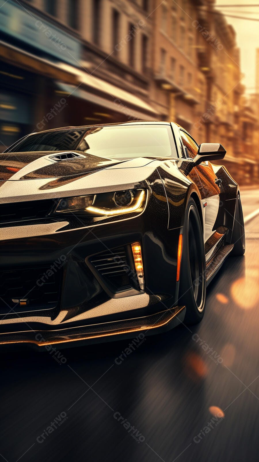 Muscle Car Preto em alta velocidade na cidade