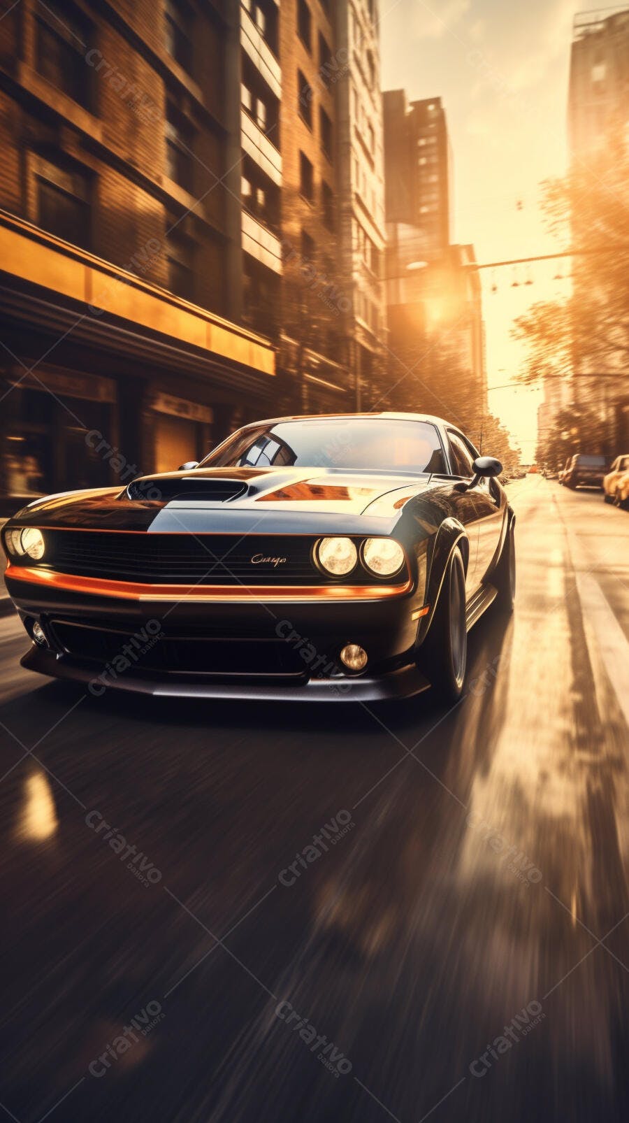 Muscle Car em cidade ao pôr do sol
