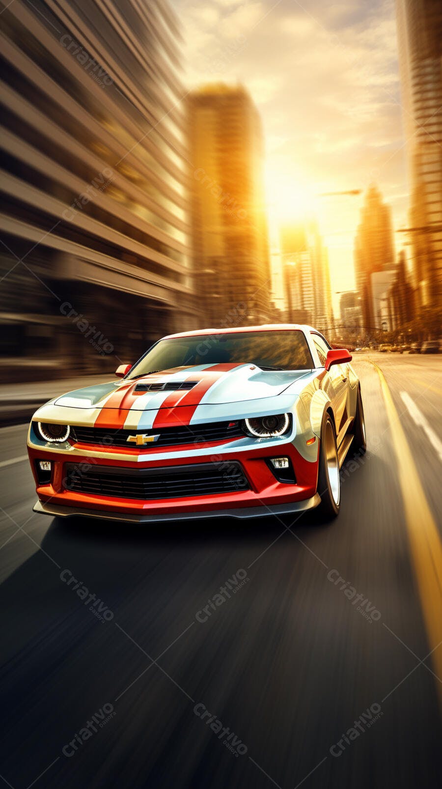 Muscle Car Vermelho e Cinza em alta velocidade na cidade