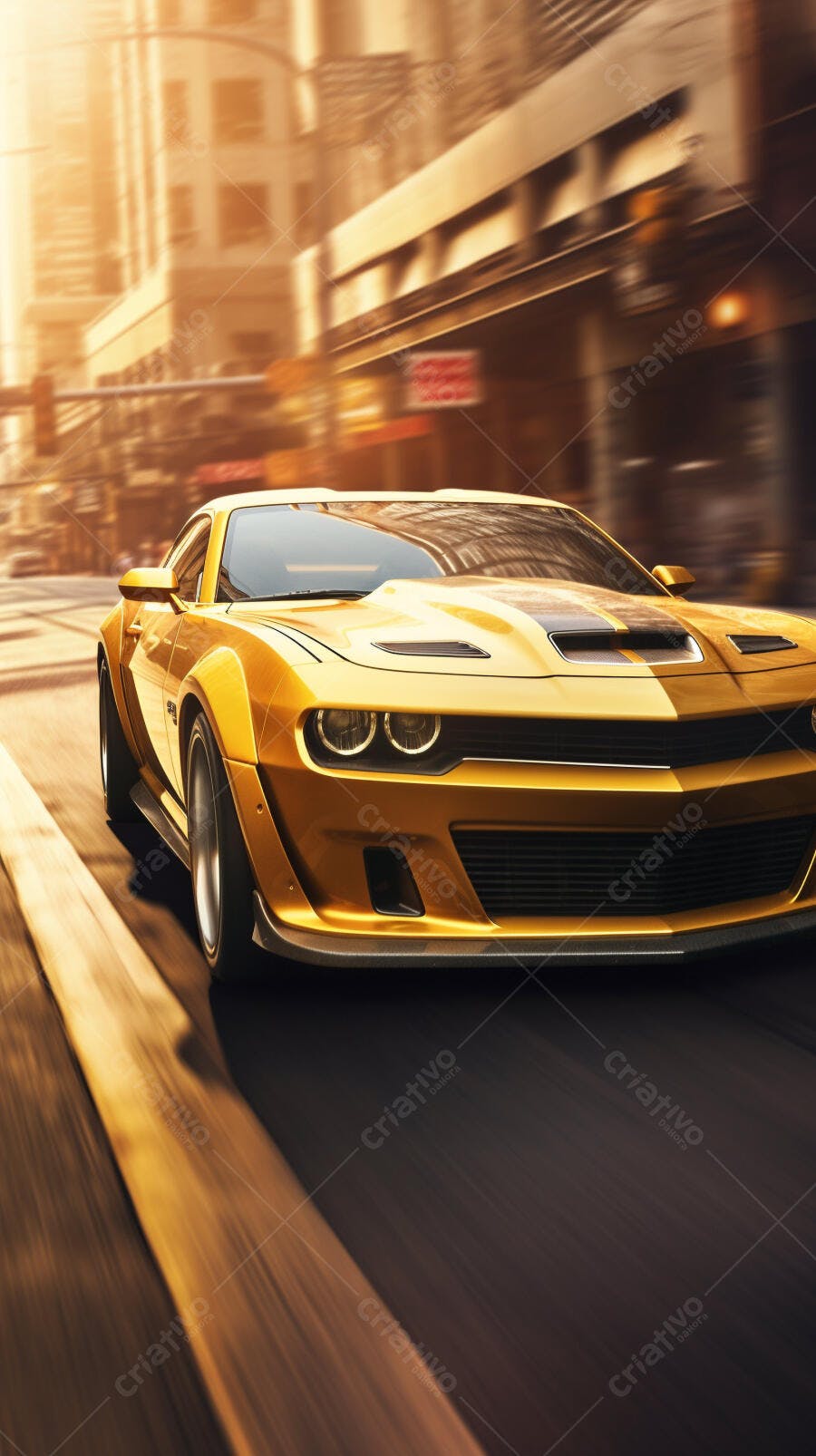 Muscle Car Dourado em Alta Velocidade