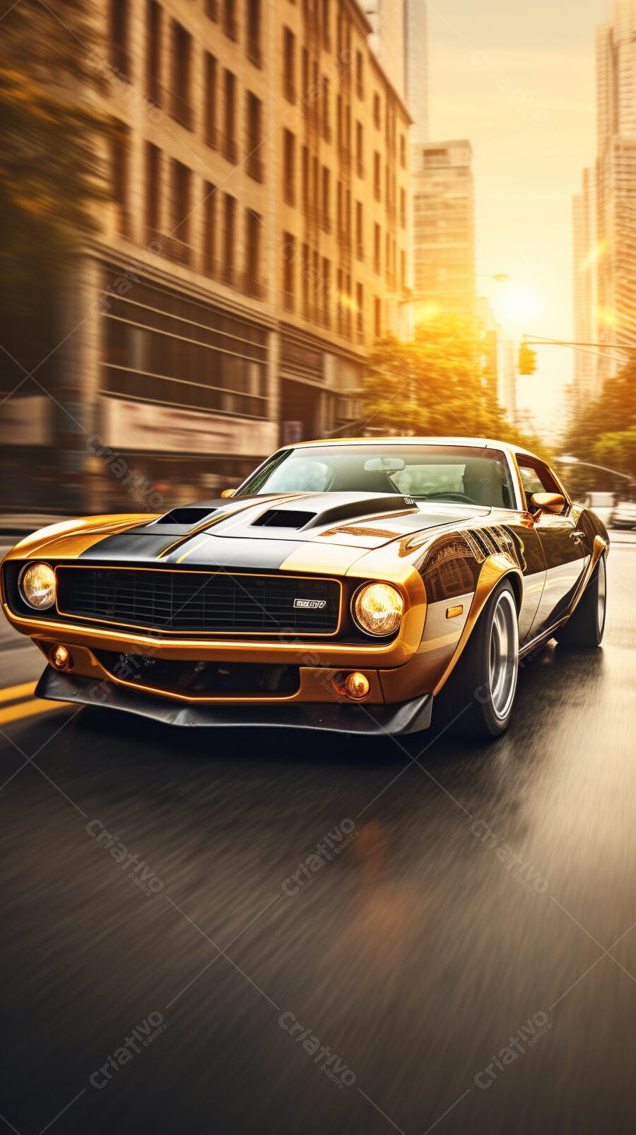 Muscle Car Dourado em Cidade ao Pôr do Sol