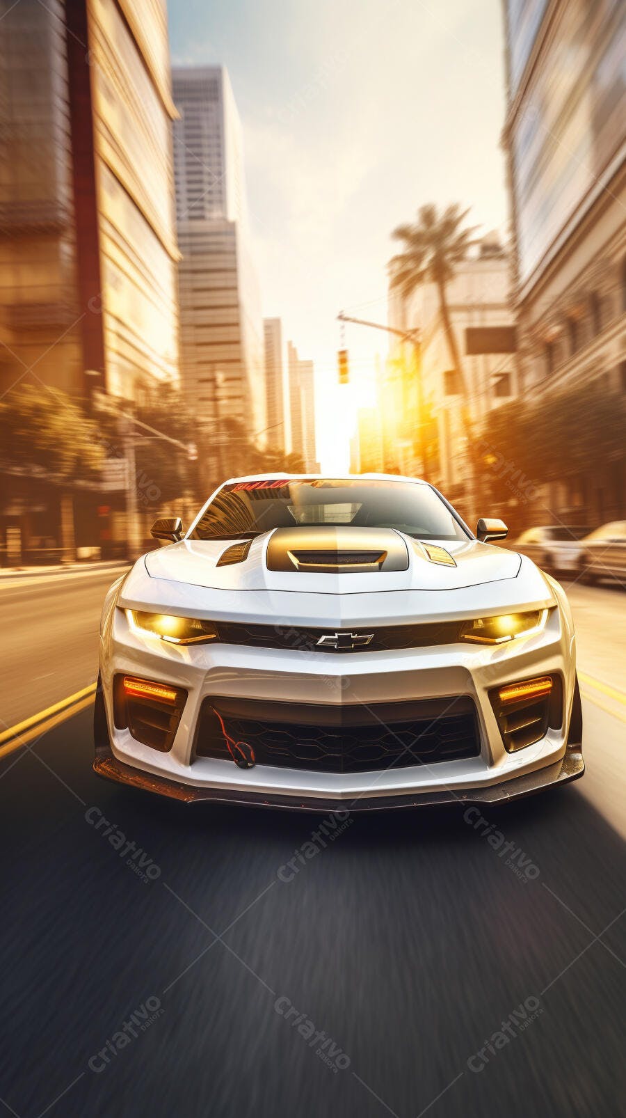 Chevrolet Camaro branco em cidade ensolarada