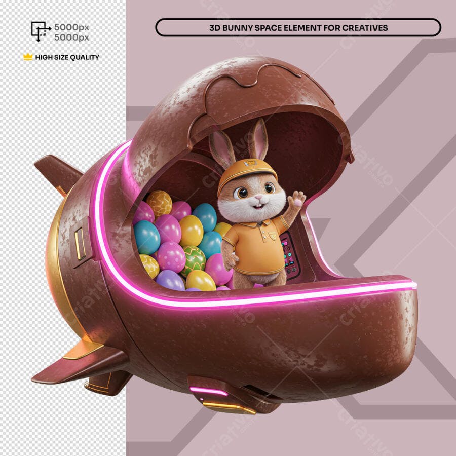 Personagem Coelhinho Páscoa em Nave Espacial PSD Editável
