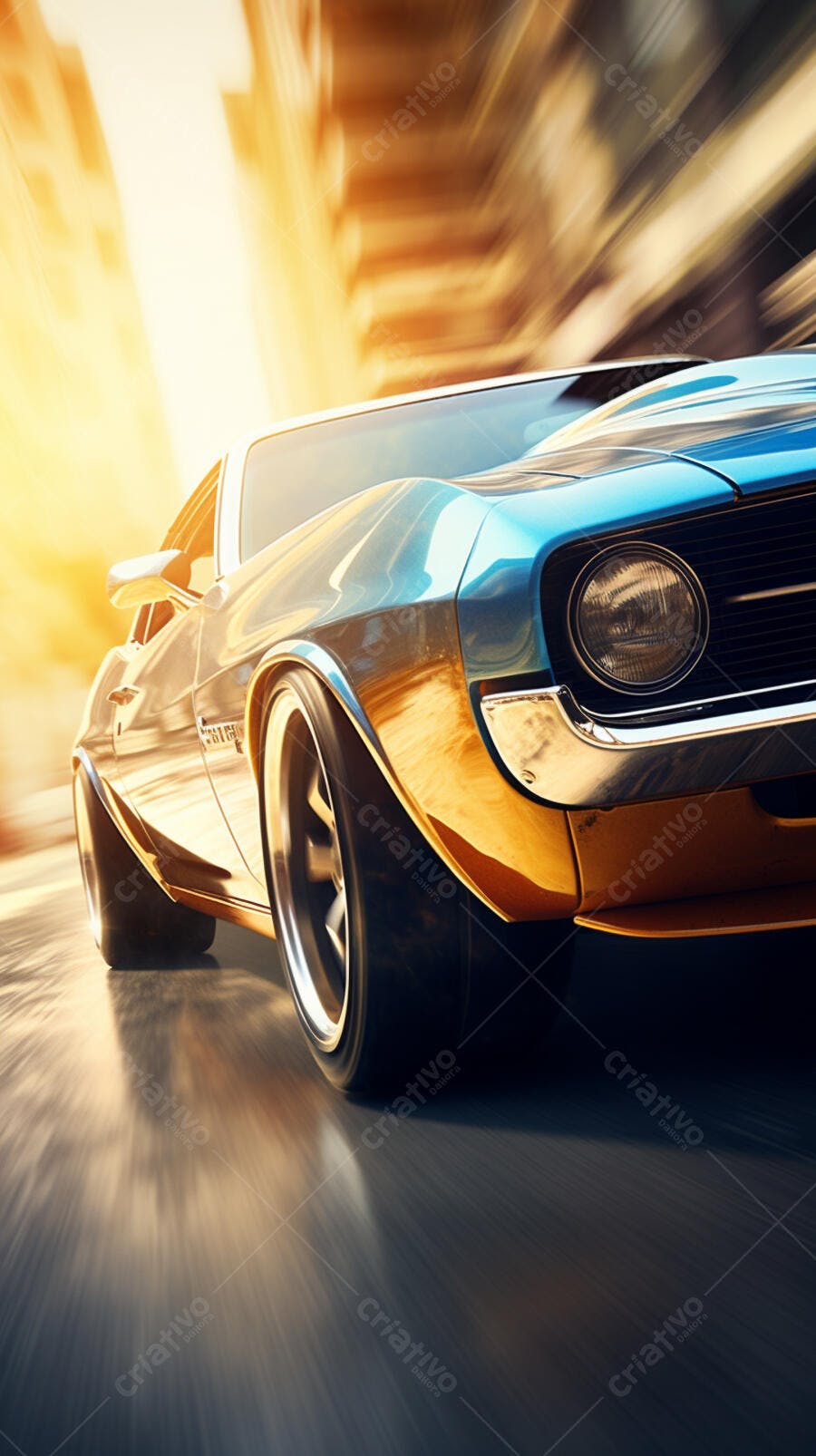 Muscle Car Azul e Dourado em Alta Velocidade