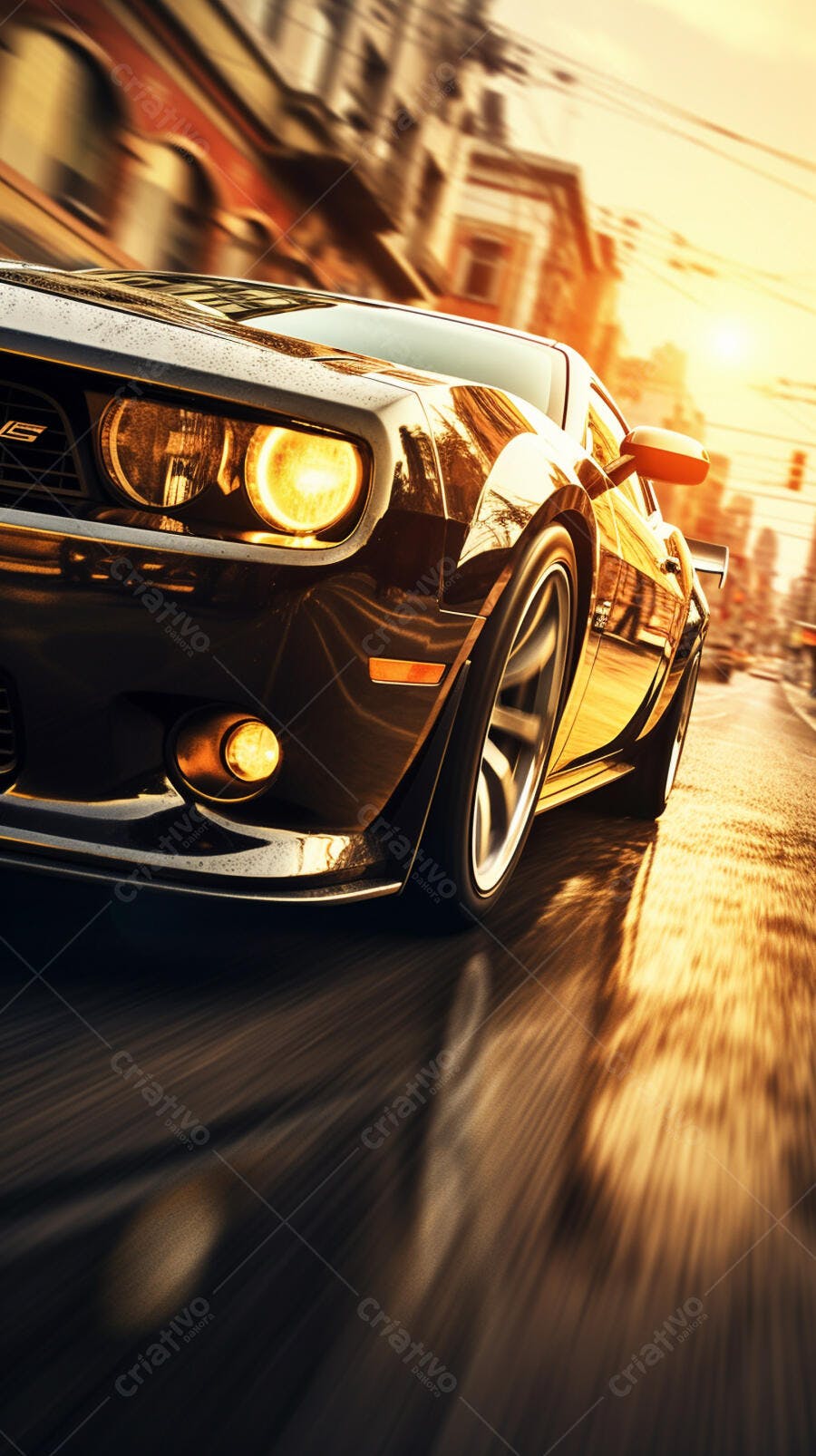 Muscle Car em alta velocidade ao pôr do sol