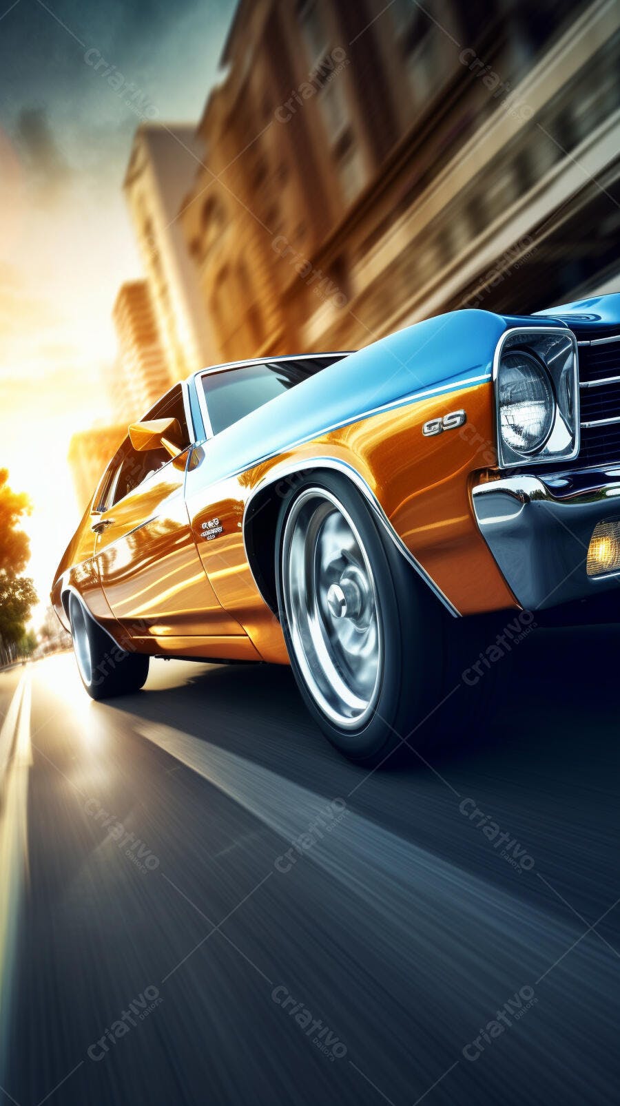Muscle Car Azul e Dourado em Alta Velocidade