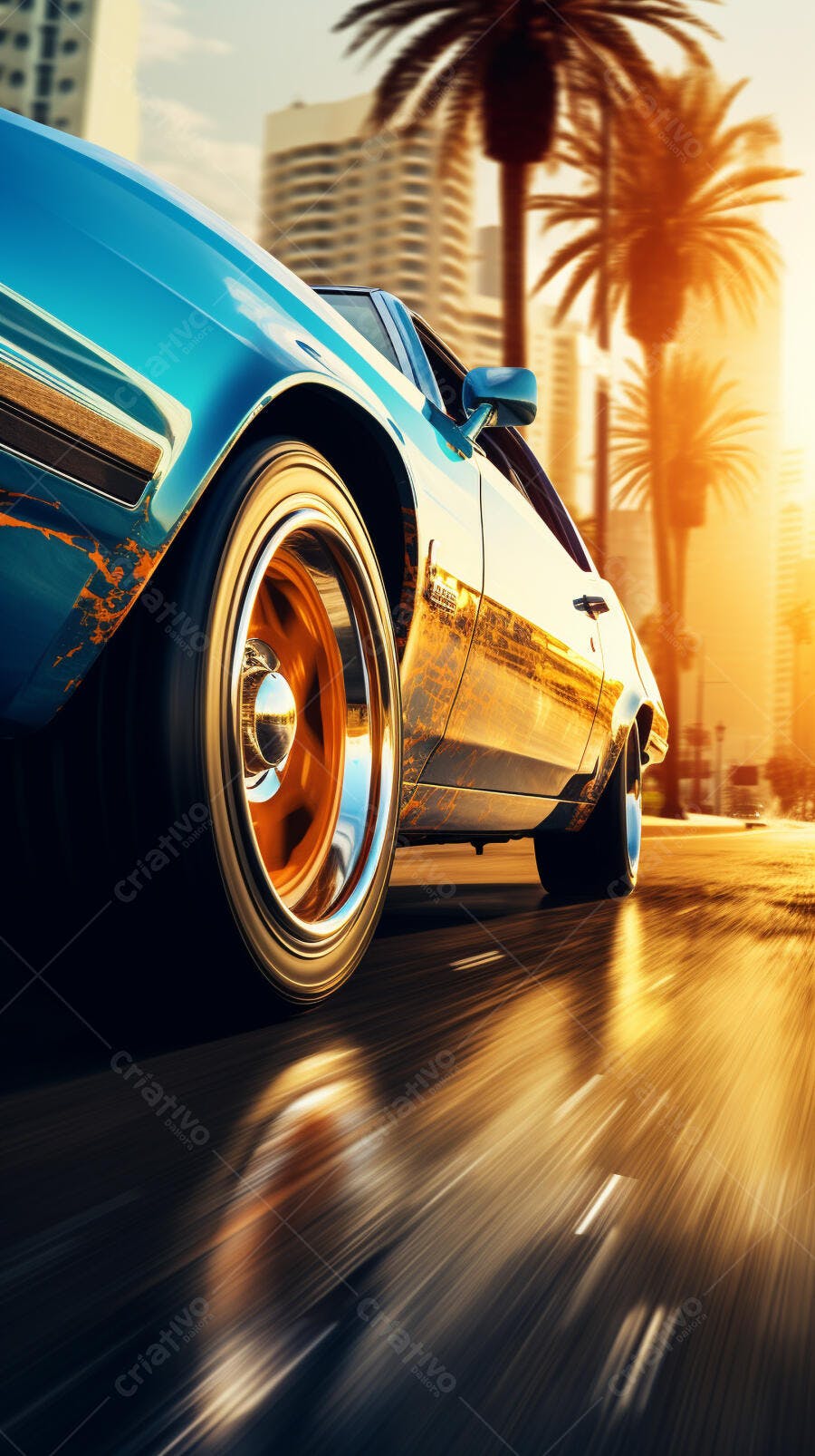 Muscle Car Azul em Alta Velocidade na Cidade