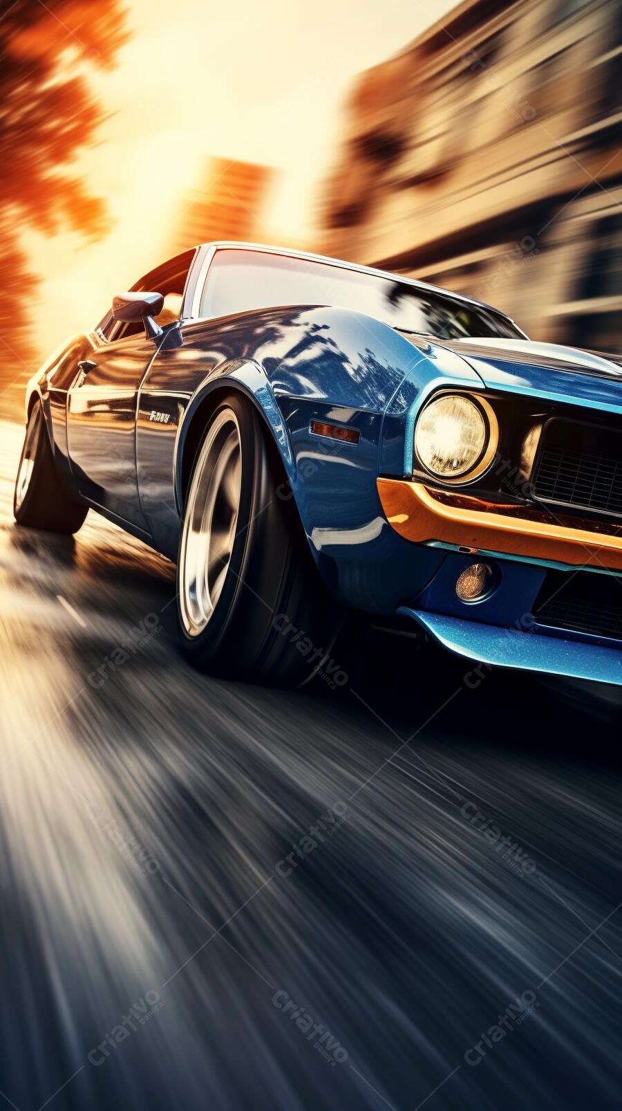 Muscle Car Azul em Alta Velocidade