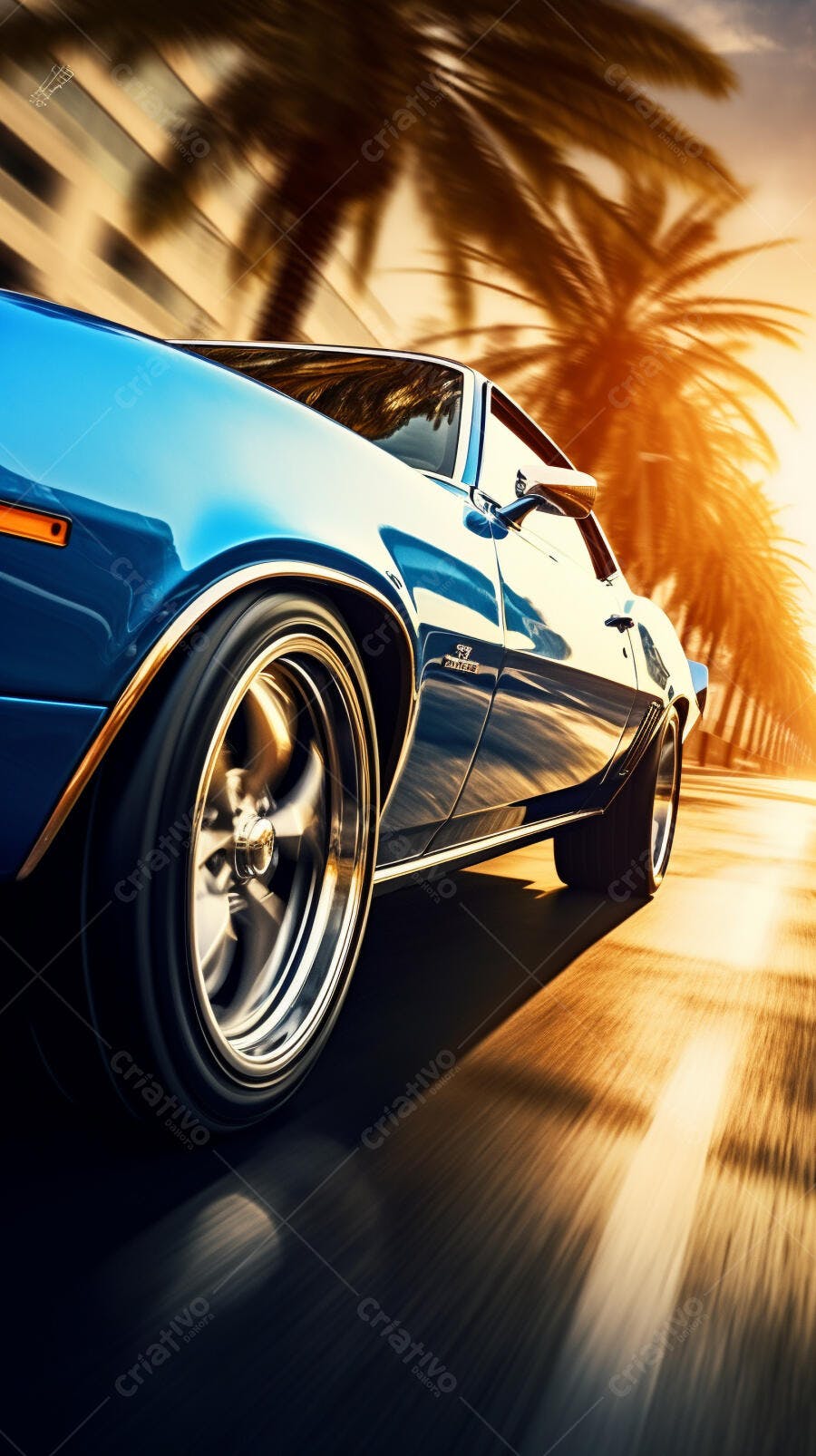 Muscle Car Azul em Rodovia Ensolarada