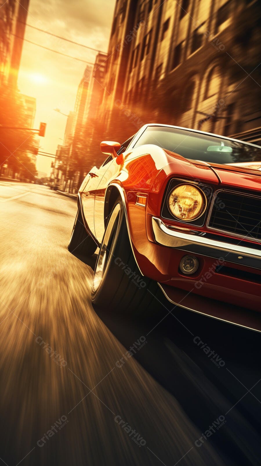 Muscle Car Vermelho em Alta Velocidade na Cidade