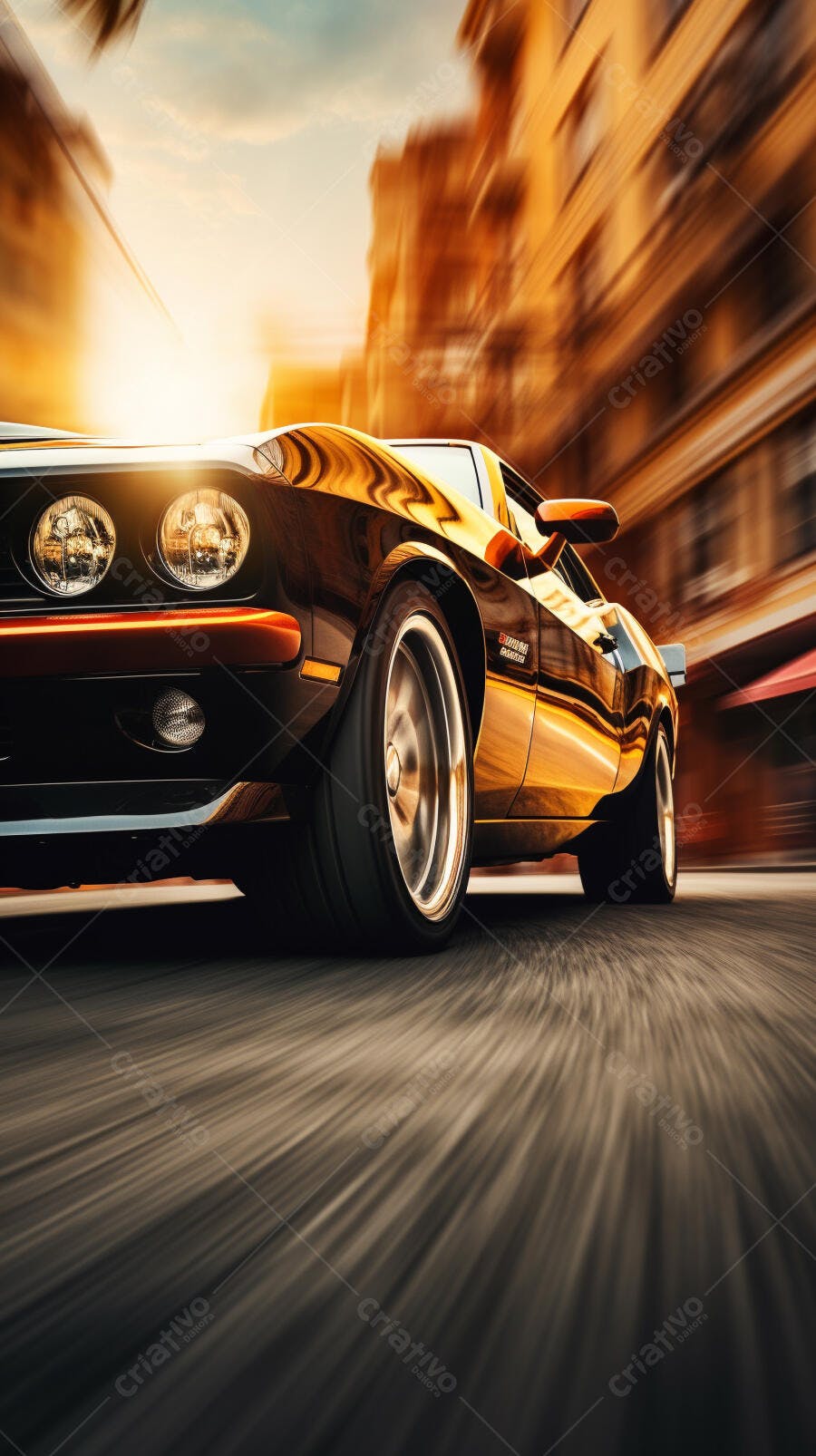 Muscle Car em alta velocidade no pôr do sol