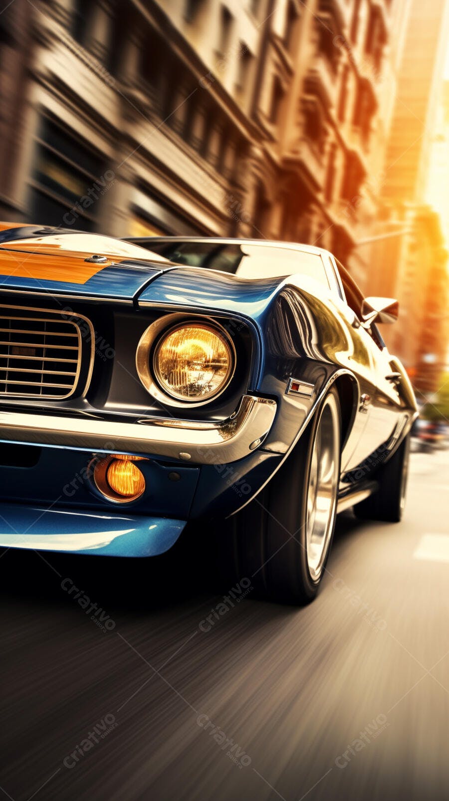 Muscle Car Azul e Laranja em Alta Velocidade