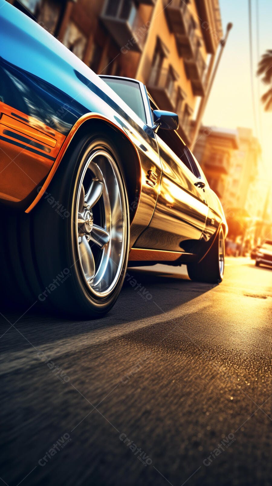 Muscle Car azul e laranja em rua ensolarada