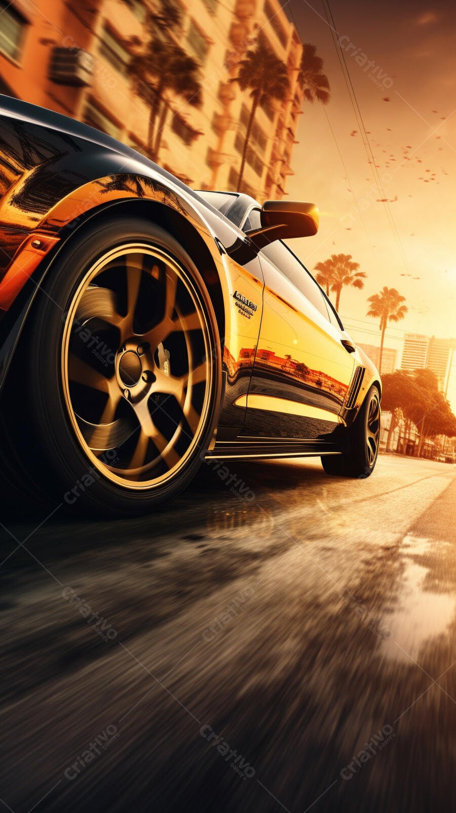 Muscle Car dourado em alta velocidade ao pôr do sol