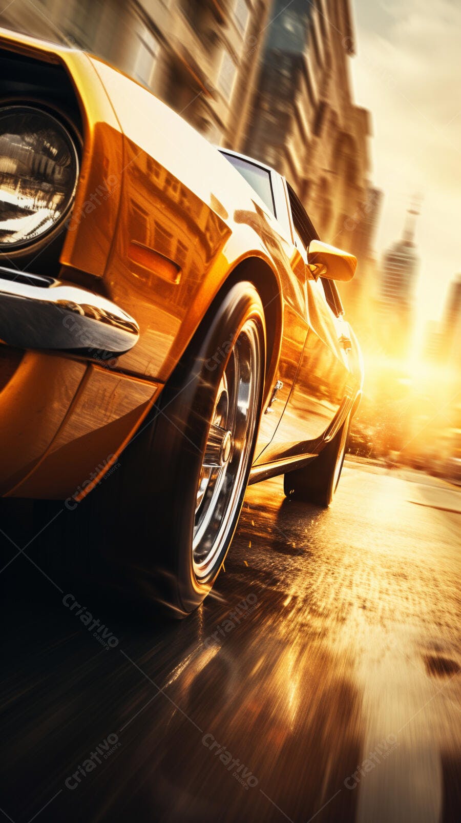 Muscle Car Dourado em alta velocidade na cidade