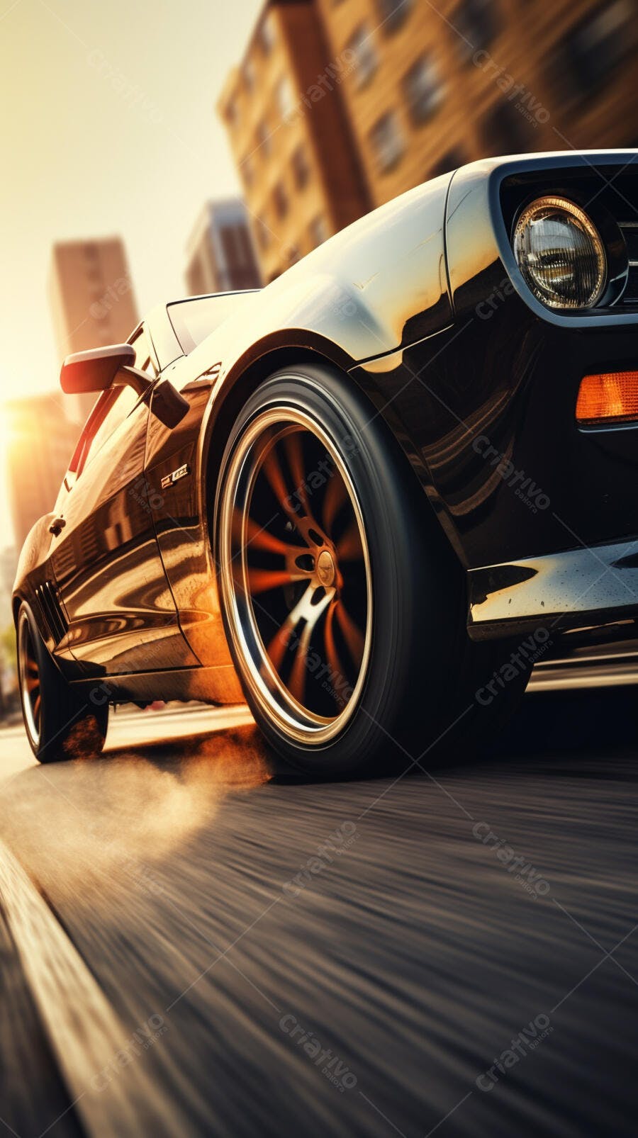 Muscle Car Preto em alta velocidade na cidade