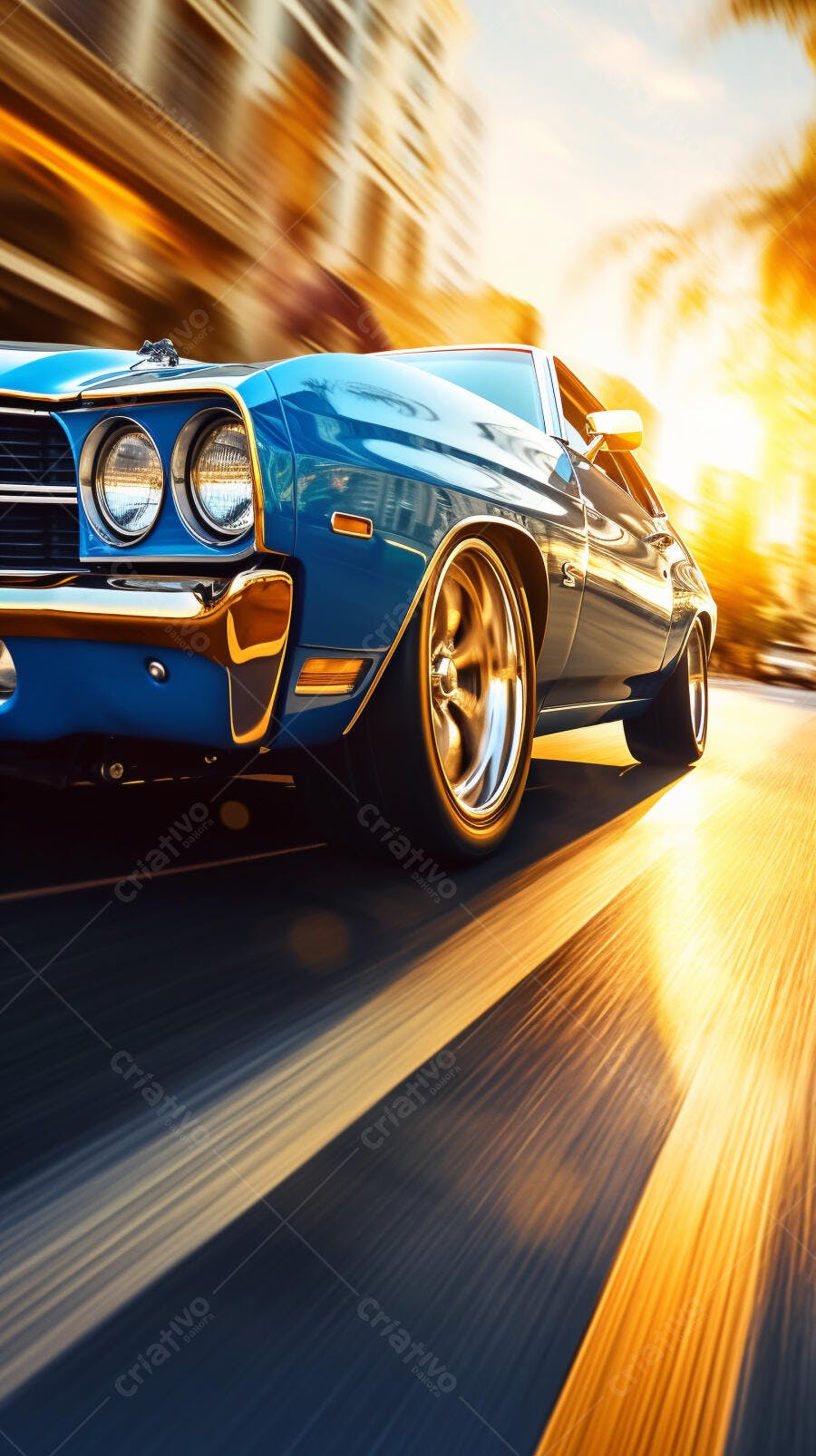 Muscle Car Azul em alta velocidade ao entardecer