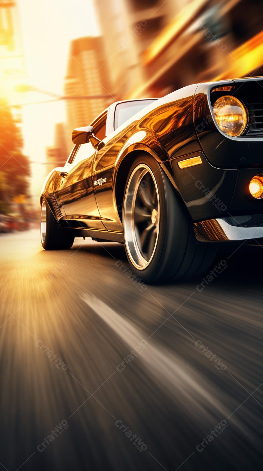 Muscle Car Preto em Alta Velocidade ao Pôr do Sol