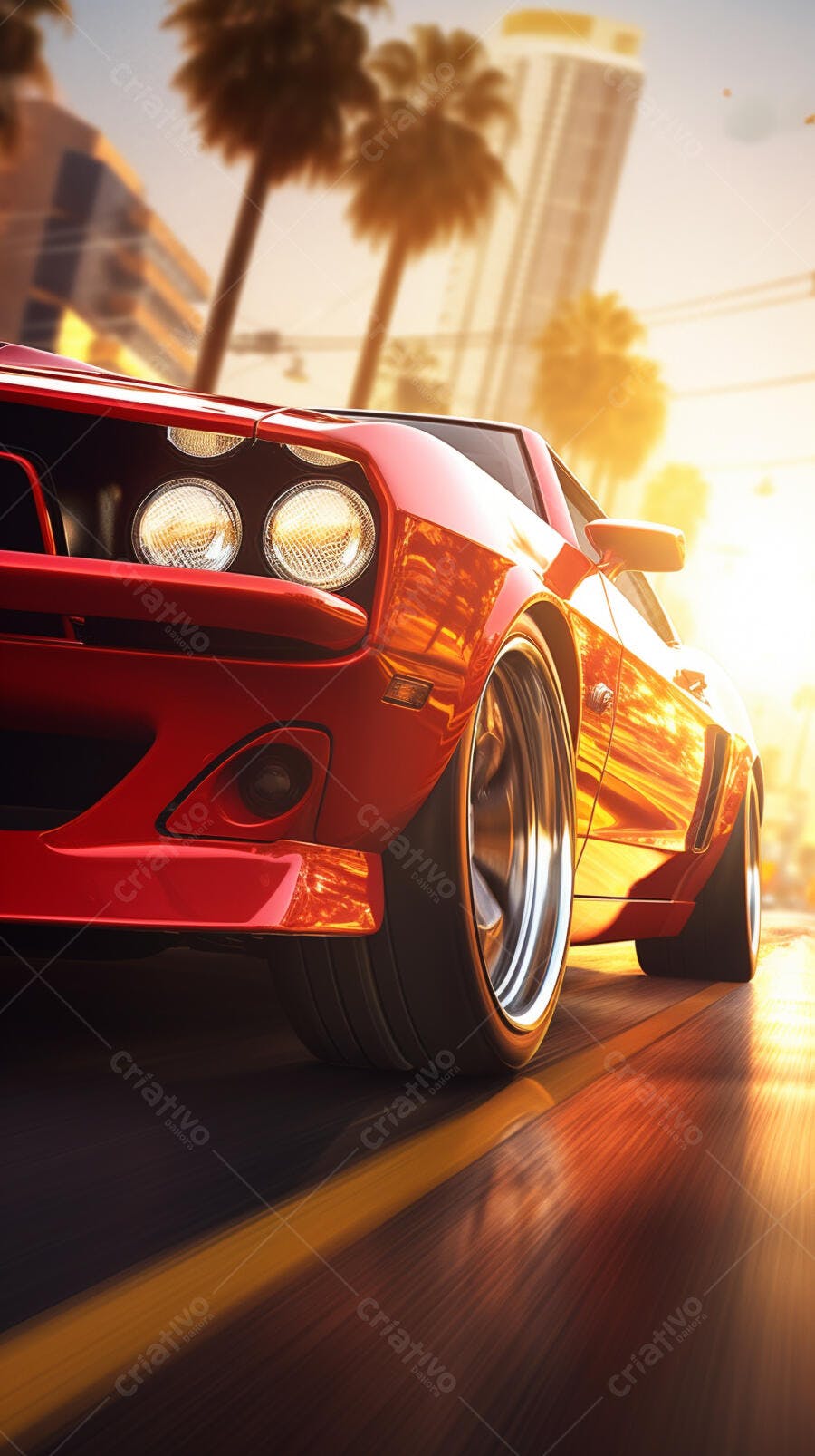 Muscle Car Vermelho em Sunset na Cidade