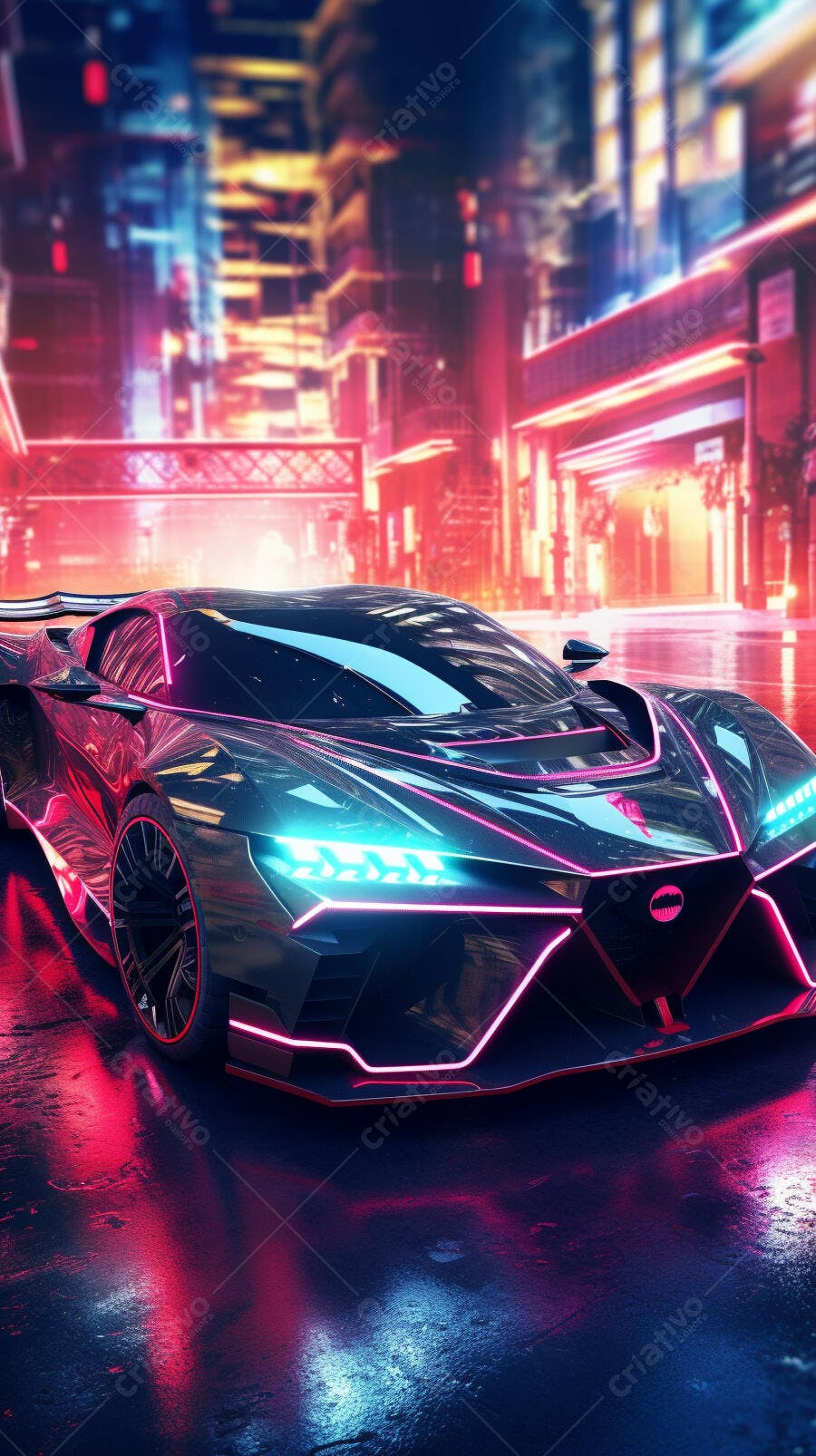 Supercarro futurista em rua noturna