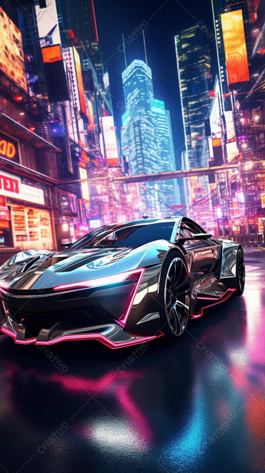Supercarro futurista em cidade noturna