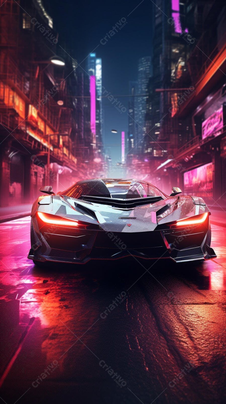 Supercarro futurista em cidade noturna