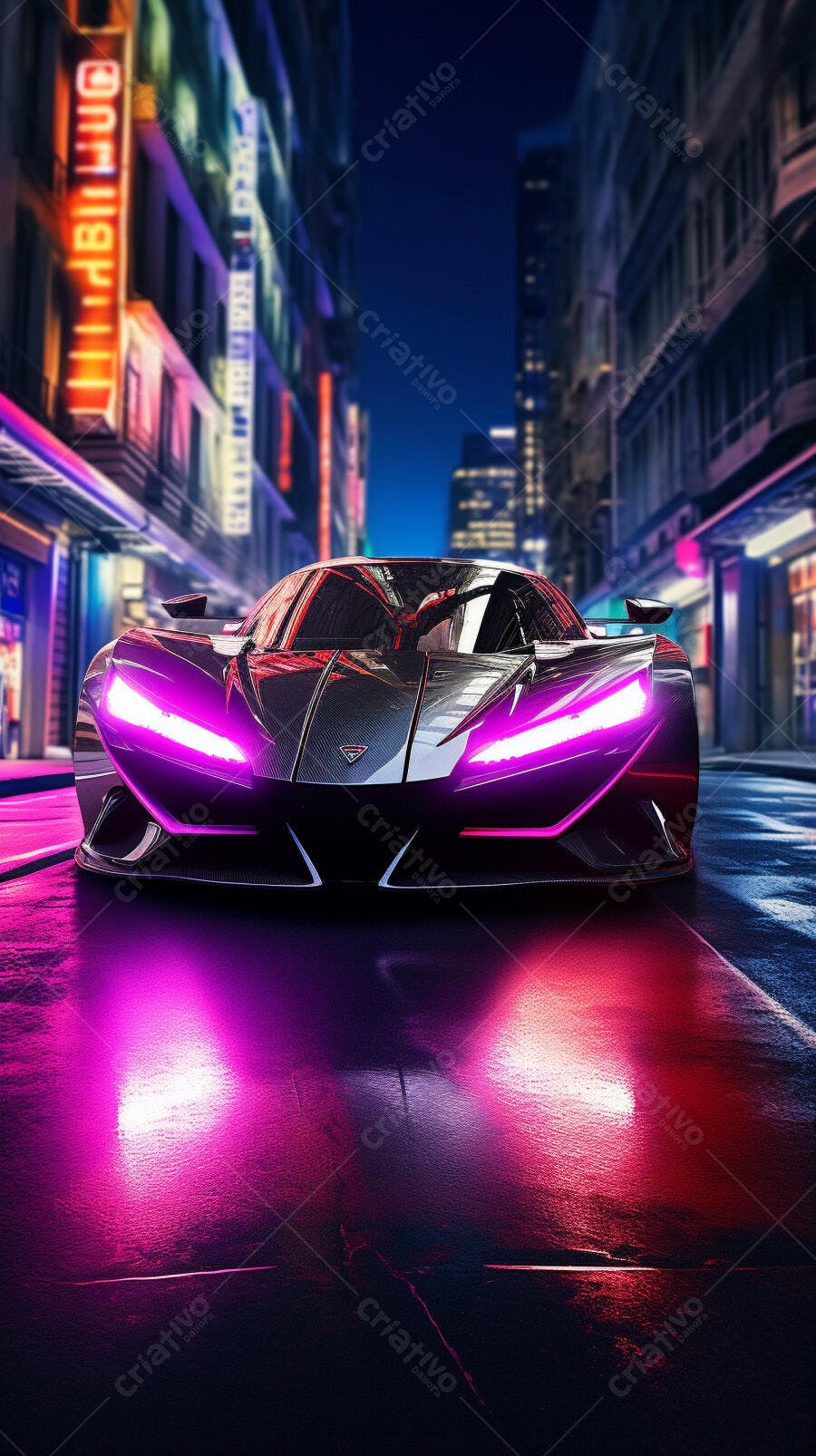 Supercarro futurista em rua noturna