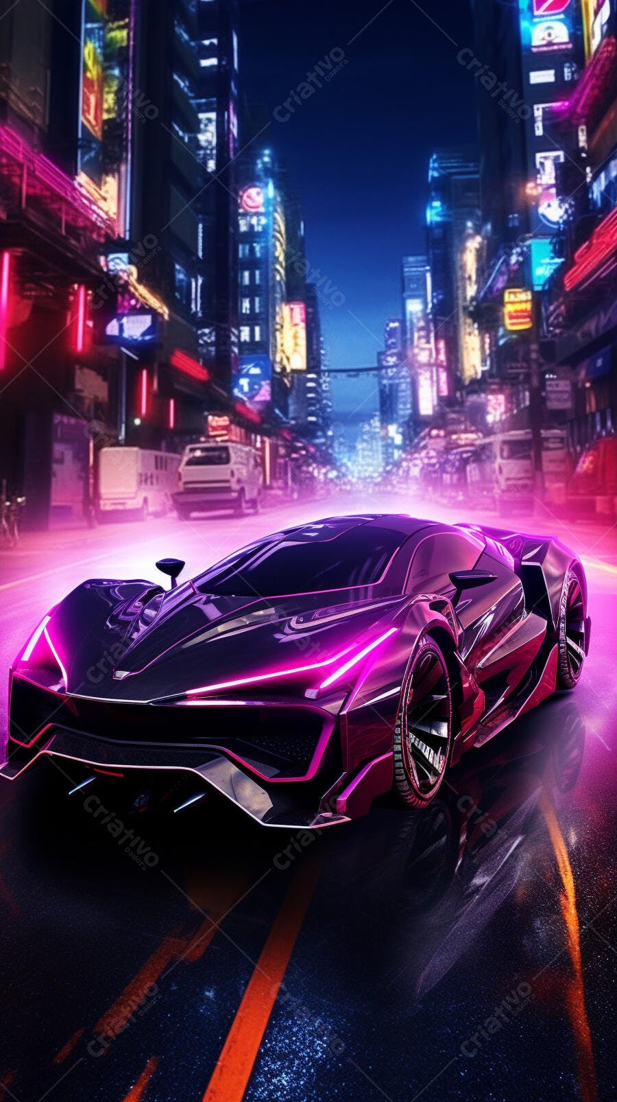Supercarro roxo em cidade futurista noturna