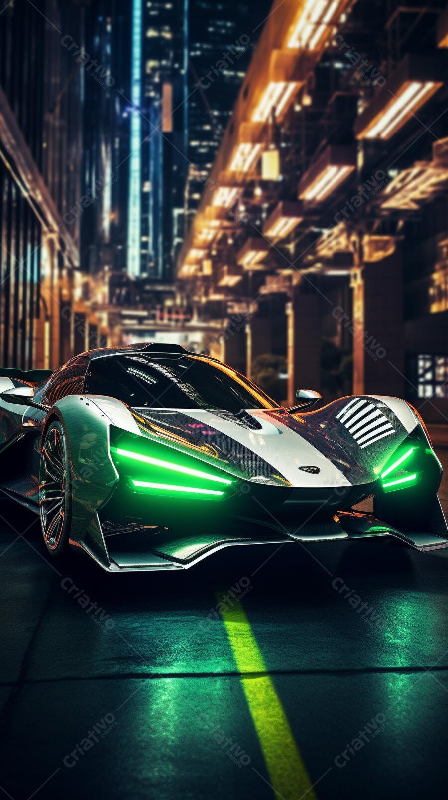 Supercarro verde e prata em cidade noturna