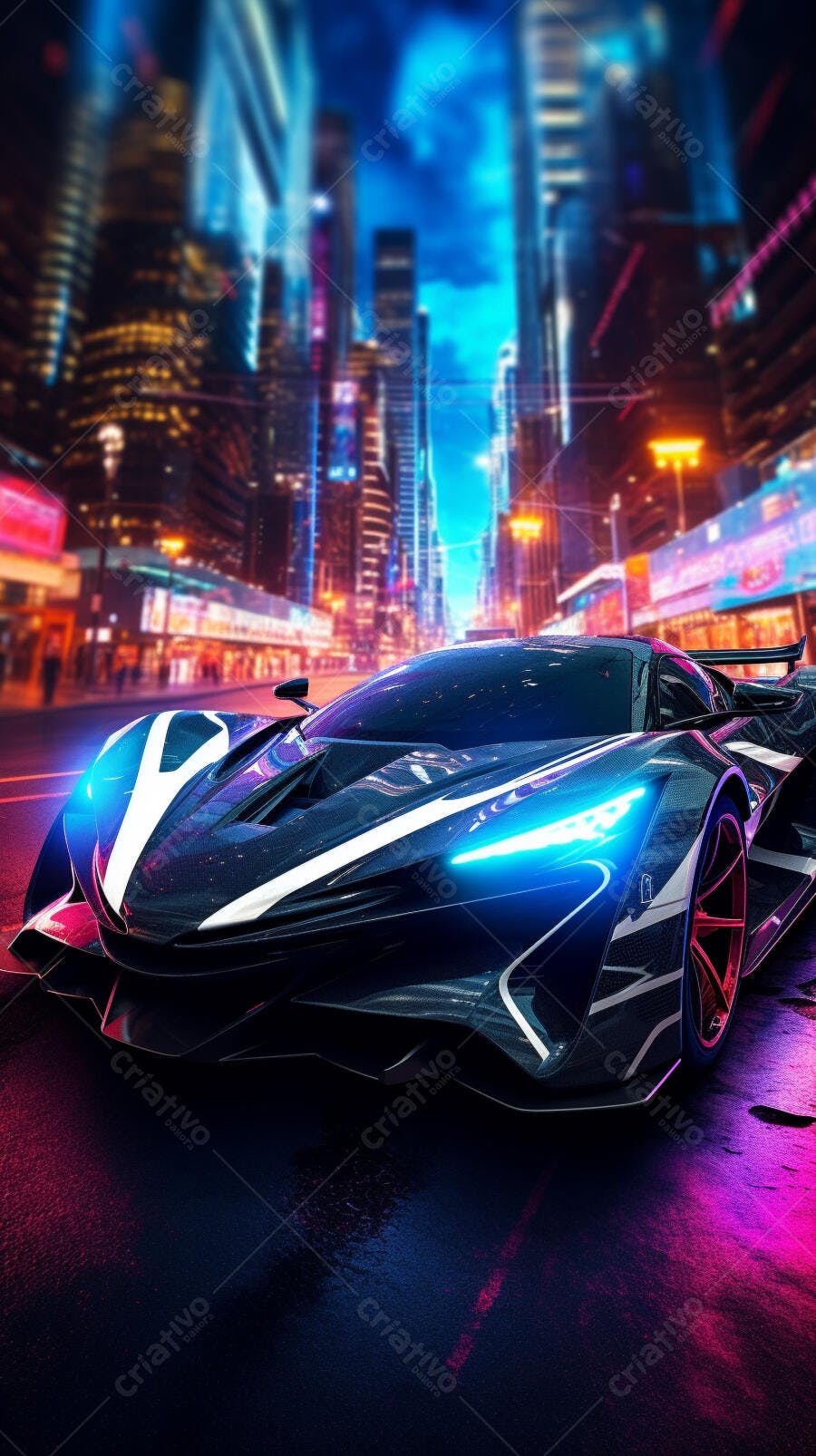 Supercarro futurista em cidade noturna