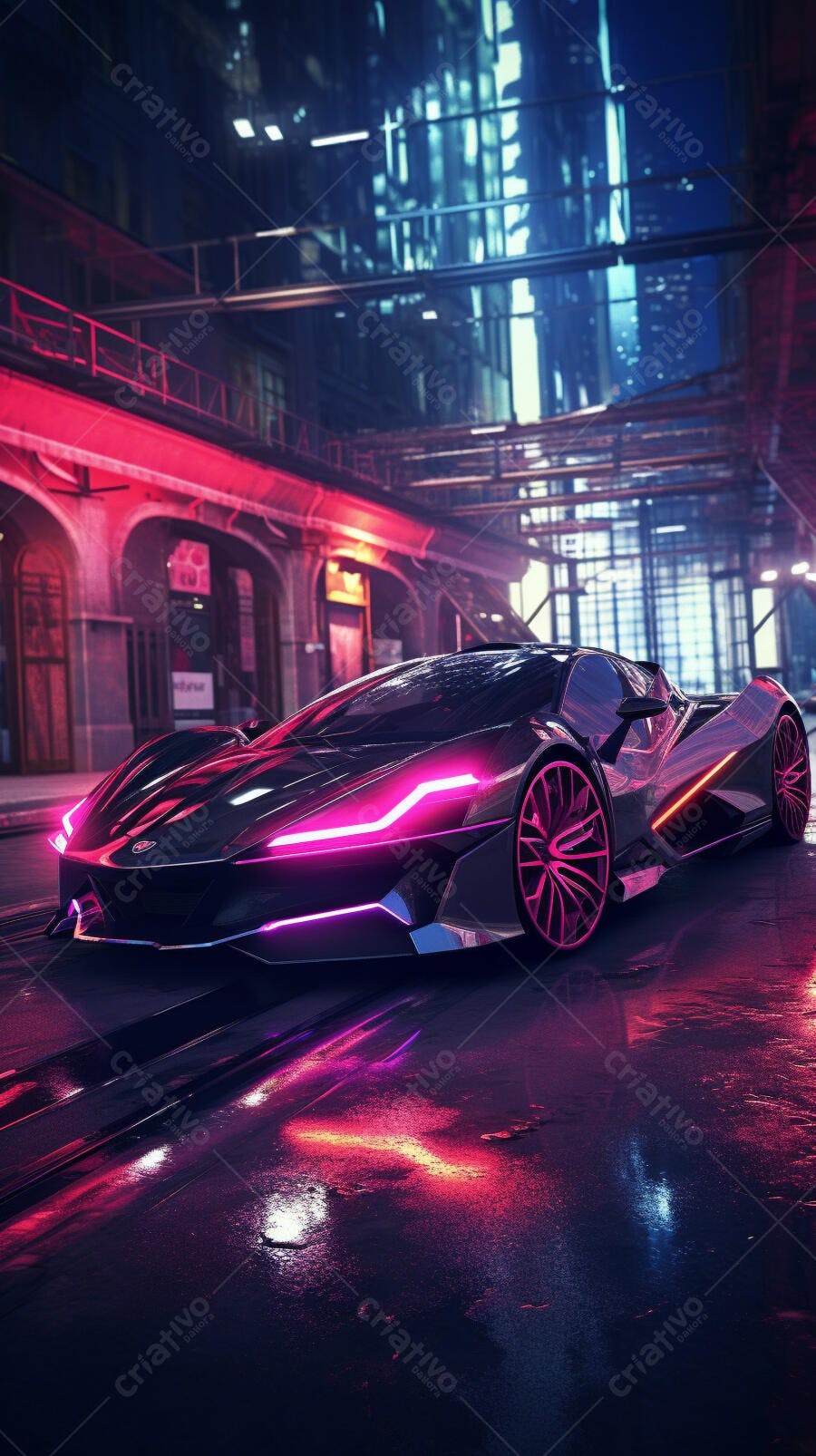 Supercarro futurista em rua noturna