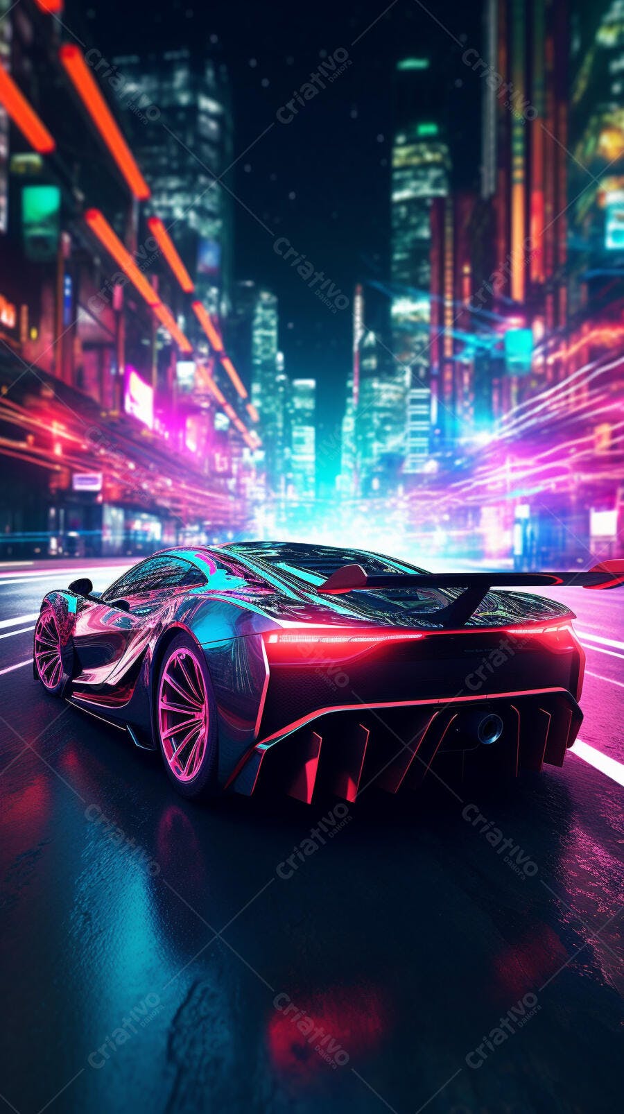 Supercarro futurista em cidade noturna