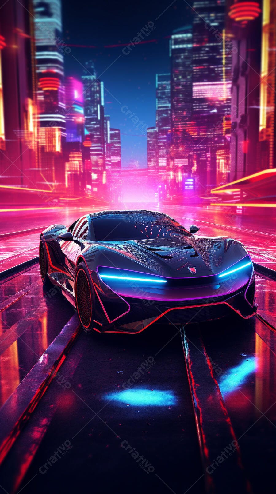 Supercarro futurista em cidade neon noturna