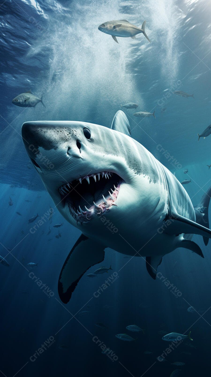 Tubarão-branco gigante na escuridão do oceano