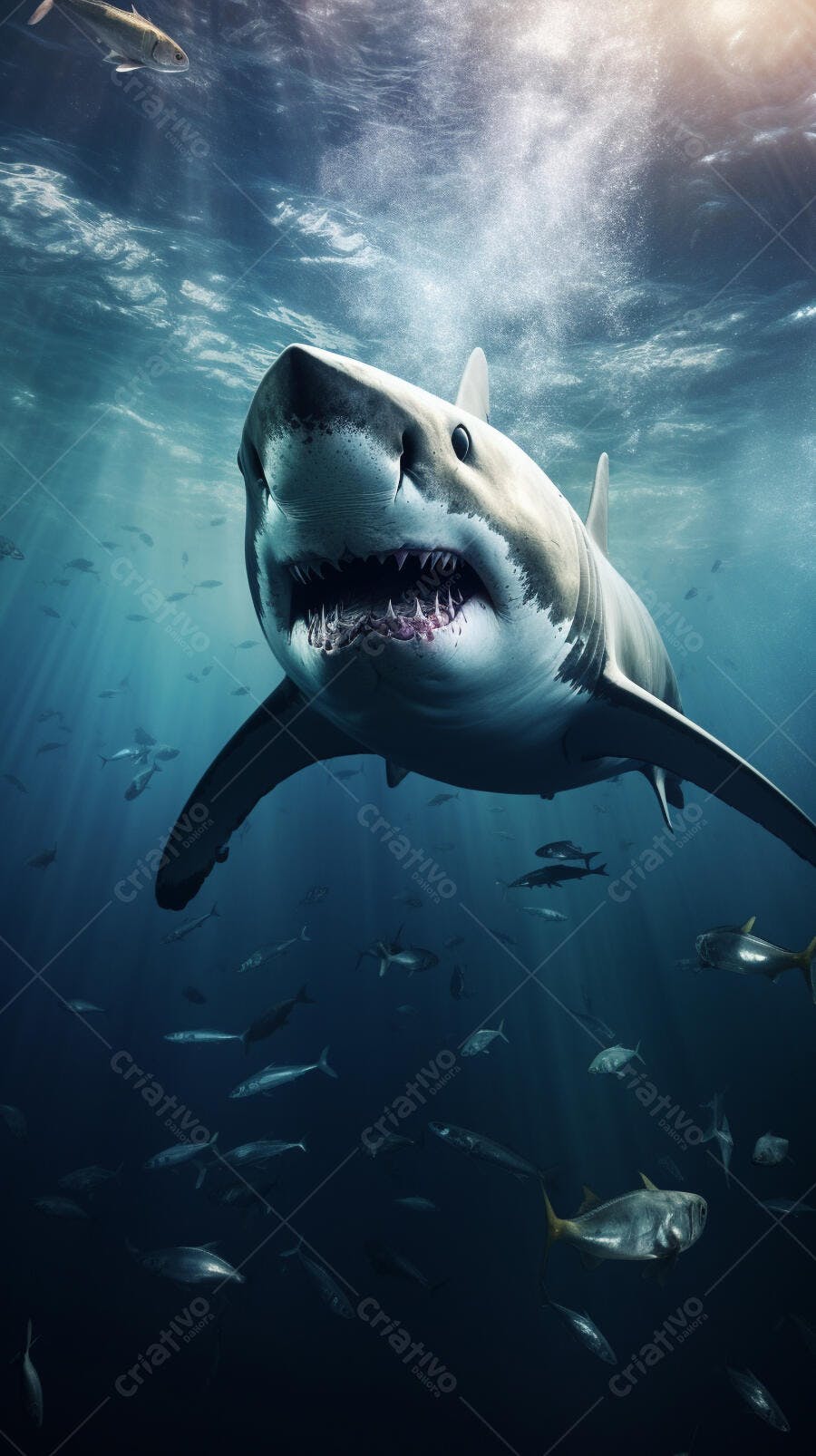 Tubarão branco nadando no oceano profundo