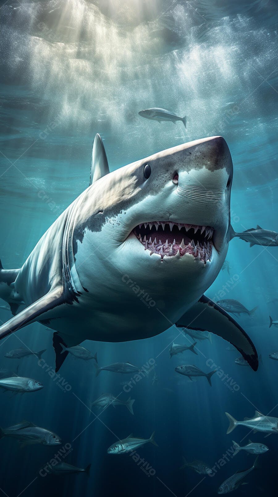Tubarão Branco gigante nadando no oceano profundo