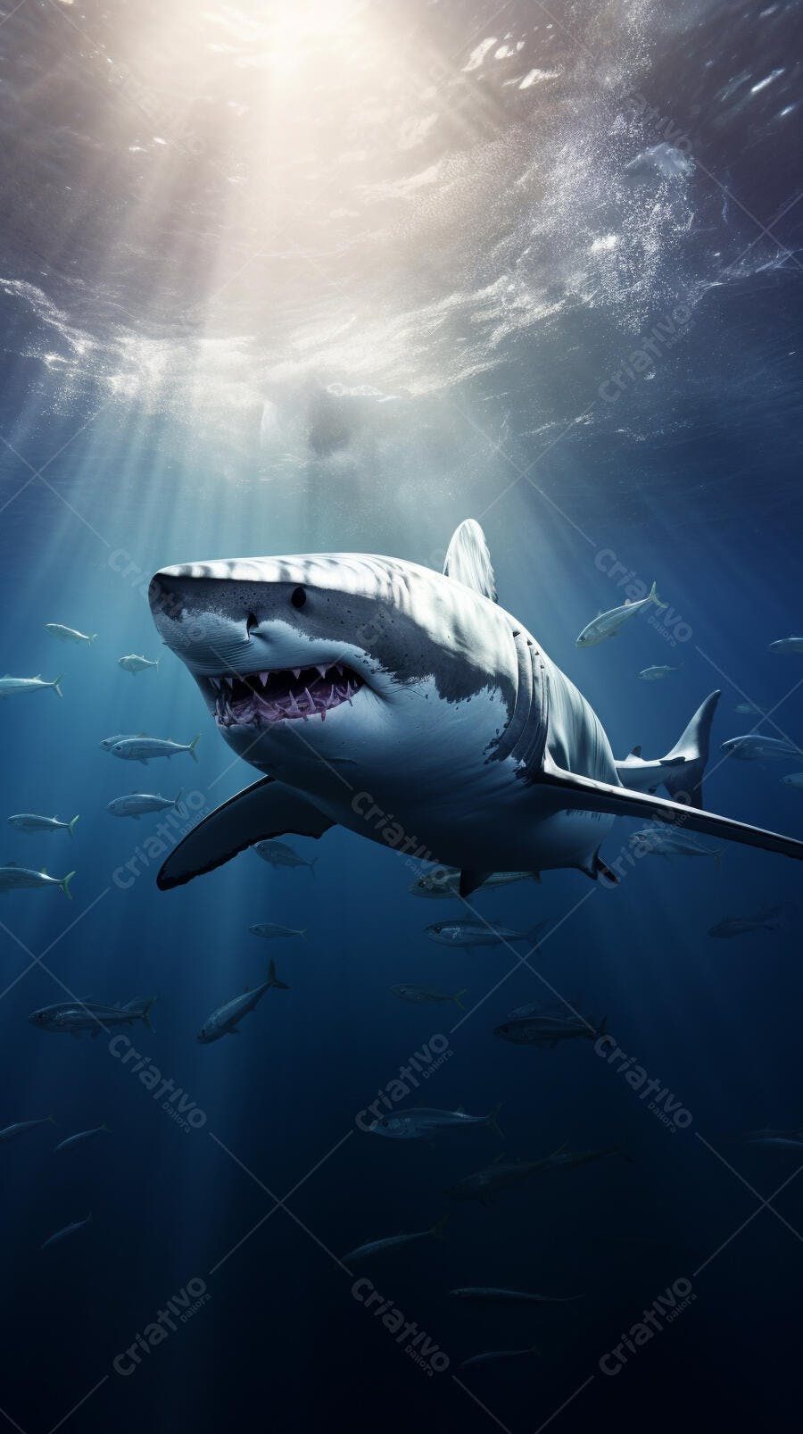 Tubarão branco nadando no oceano profundo