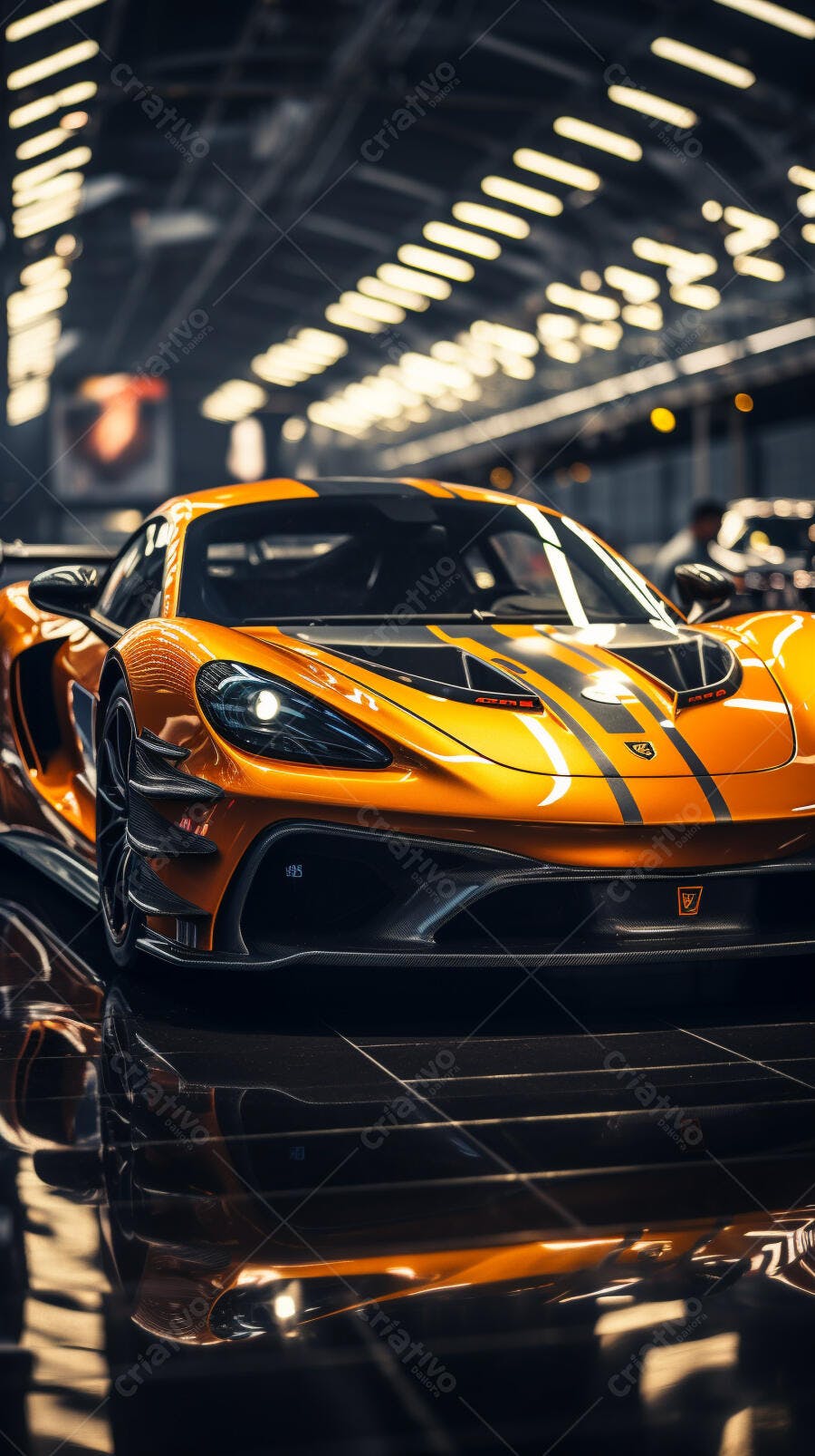 Supercarro laranja em showroom moderno