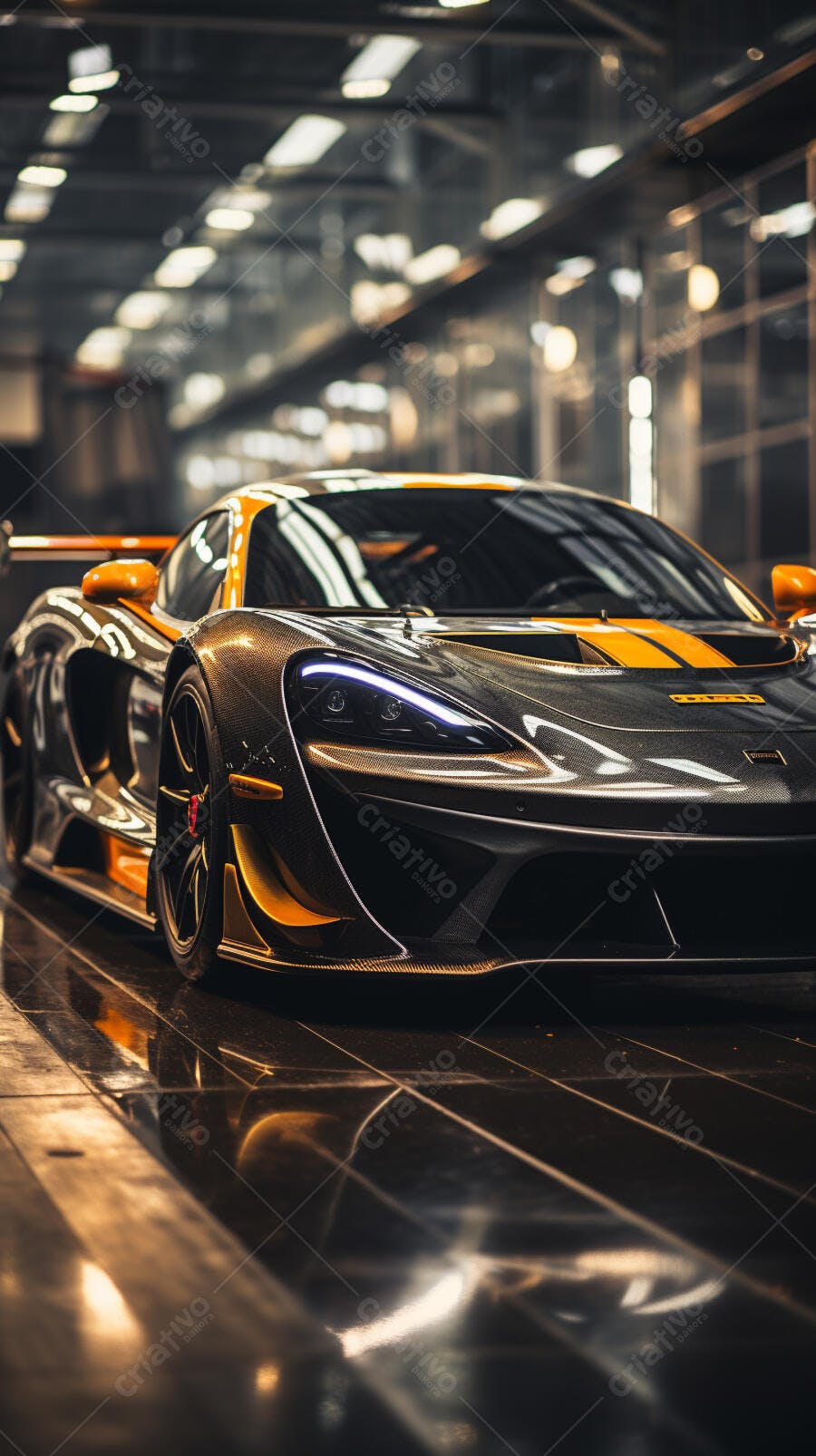 Supercarro McLaren preto e dourado em garagem