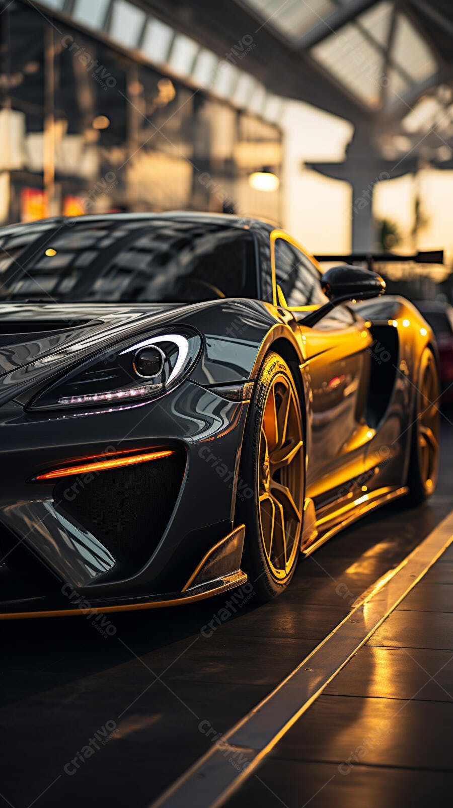 Supercarro preto e dourado ao entardecer
