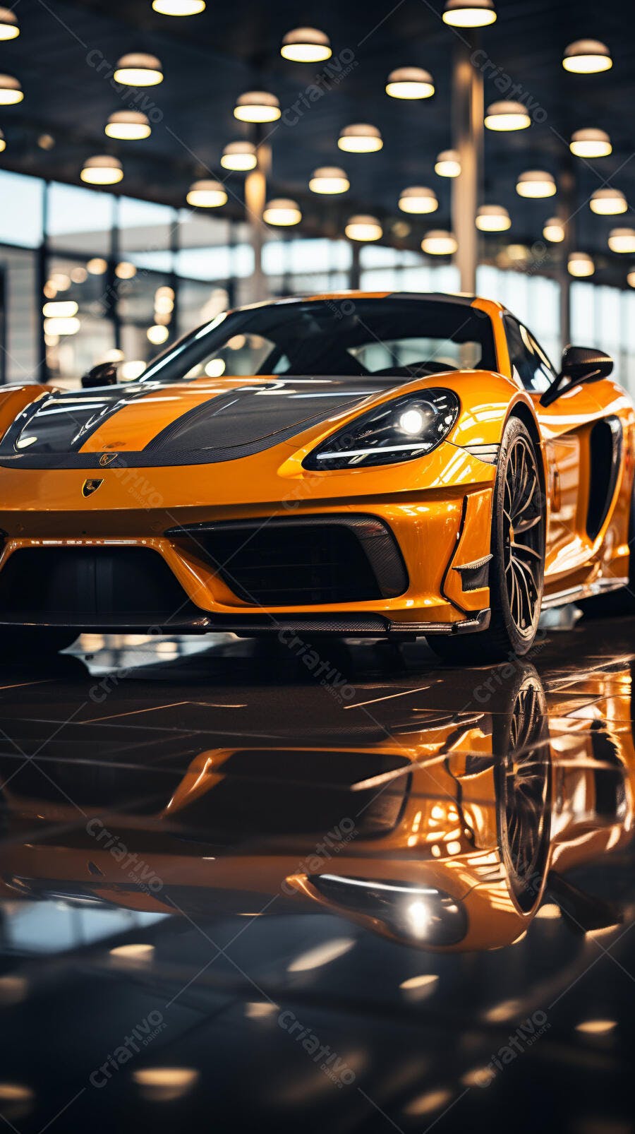 Porsche laranja em showroom moderno