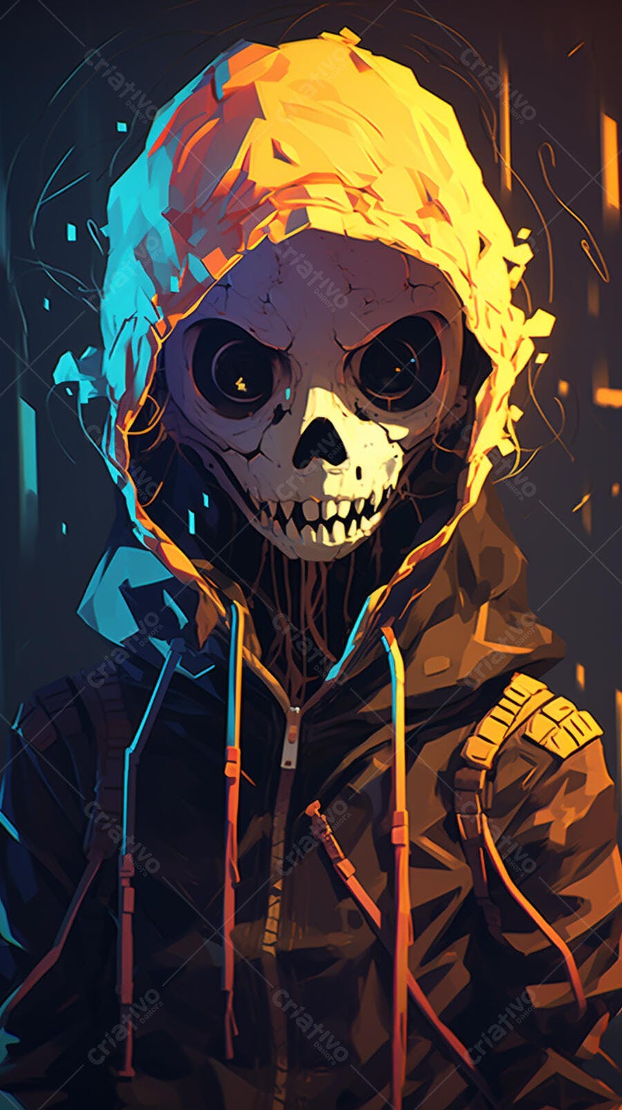 Caveira com capuz estilo cyberpunk cores quentes