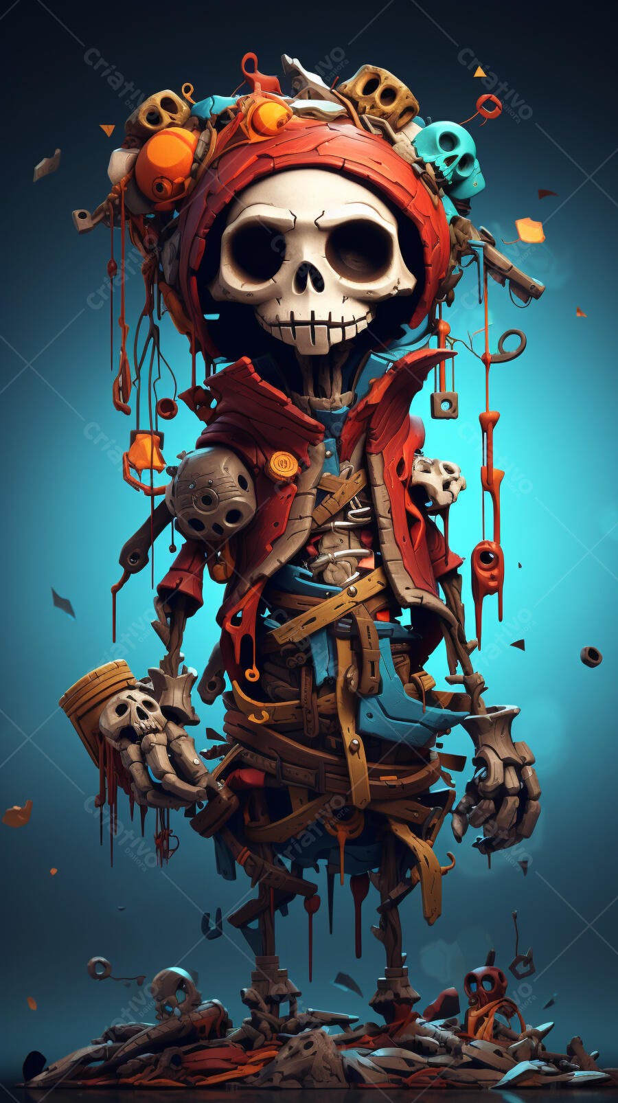 Esqueleto estilo steampunk em cores vibrantes