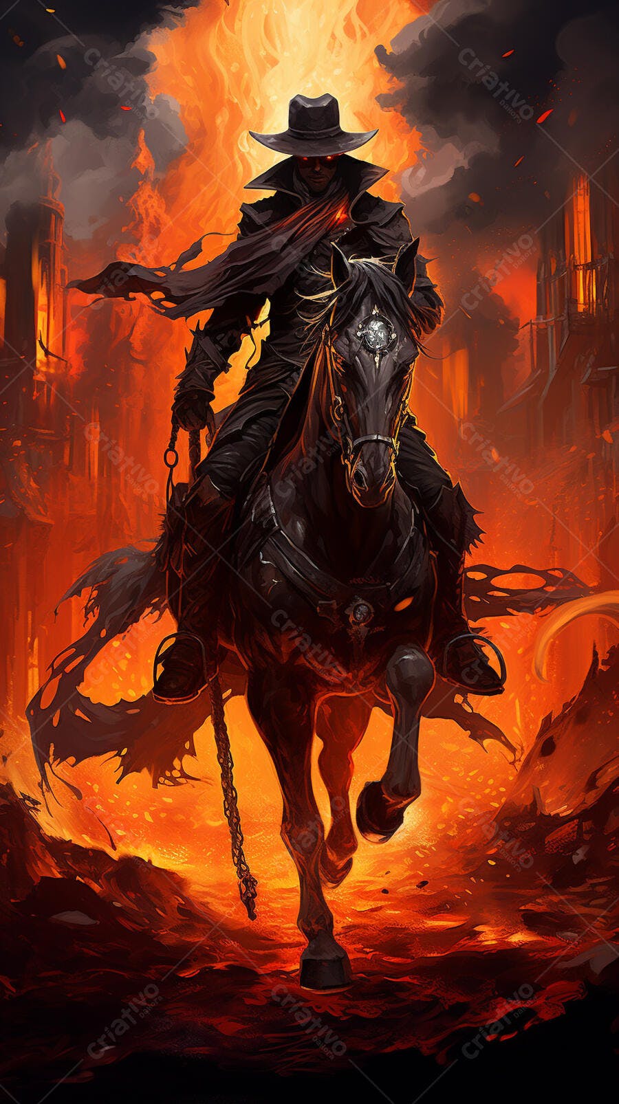 Cavaleiro Negro a Cavalo em Fogo Infernal