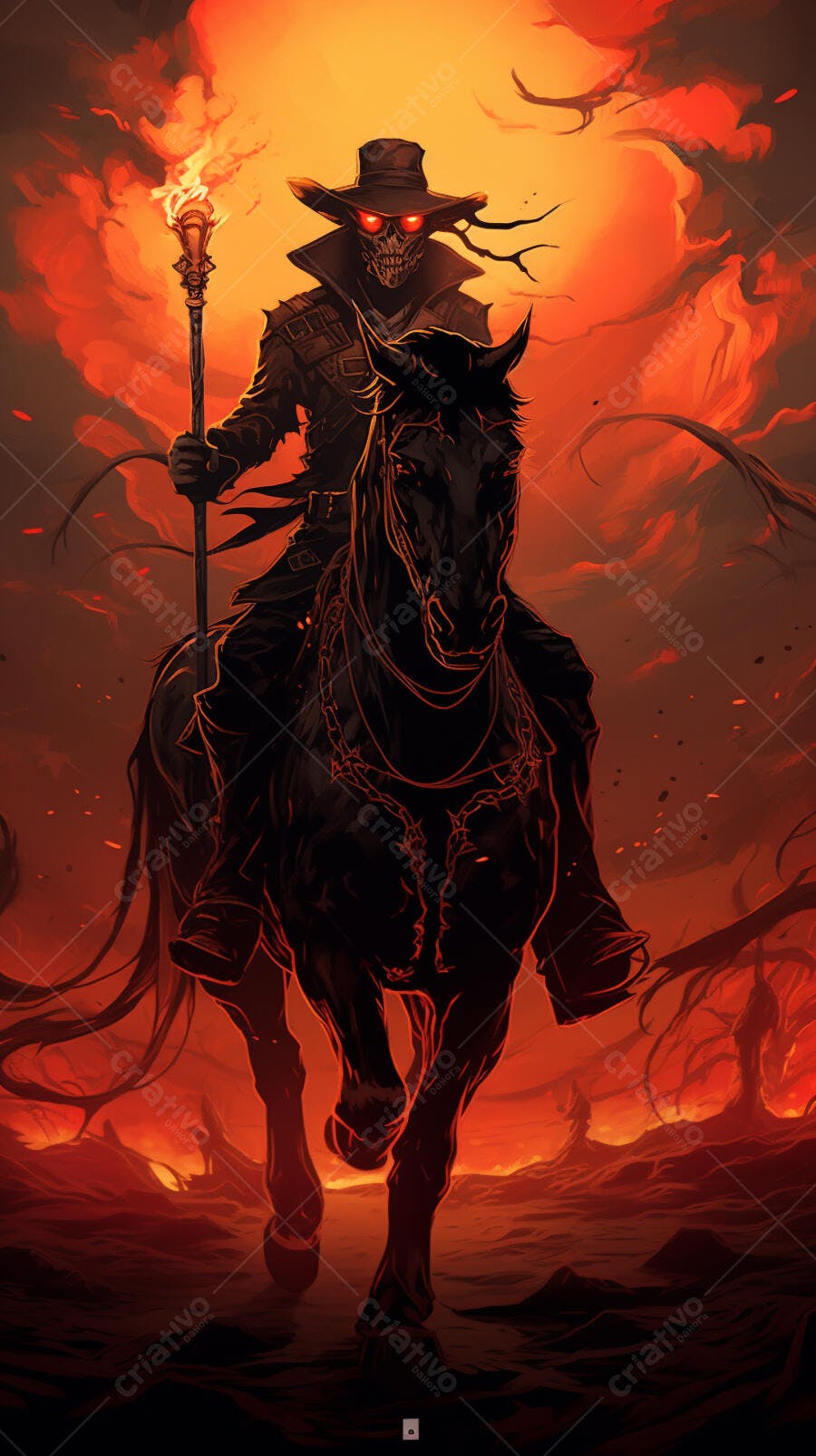 Cavaleiro Esquelético a Cavalo em Paisagem Infernal