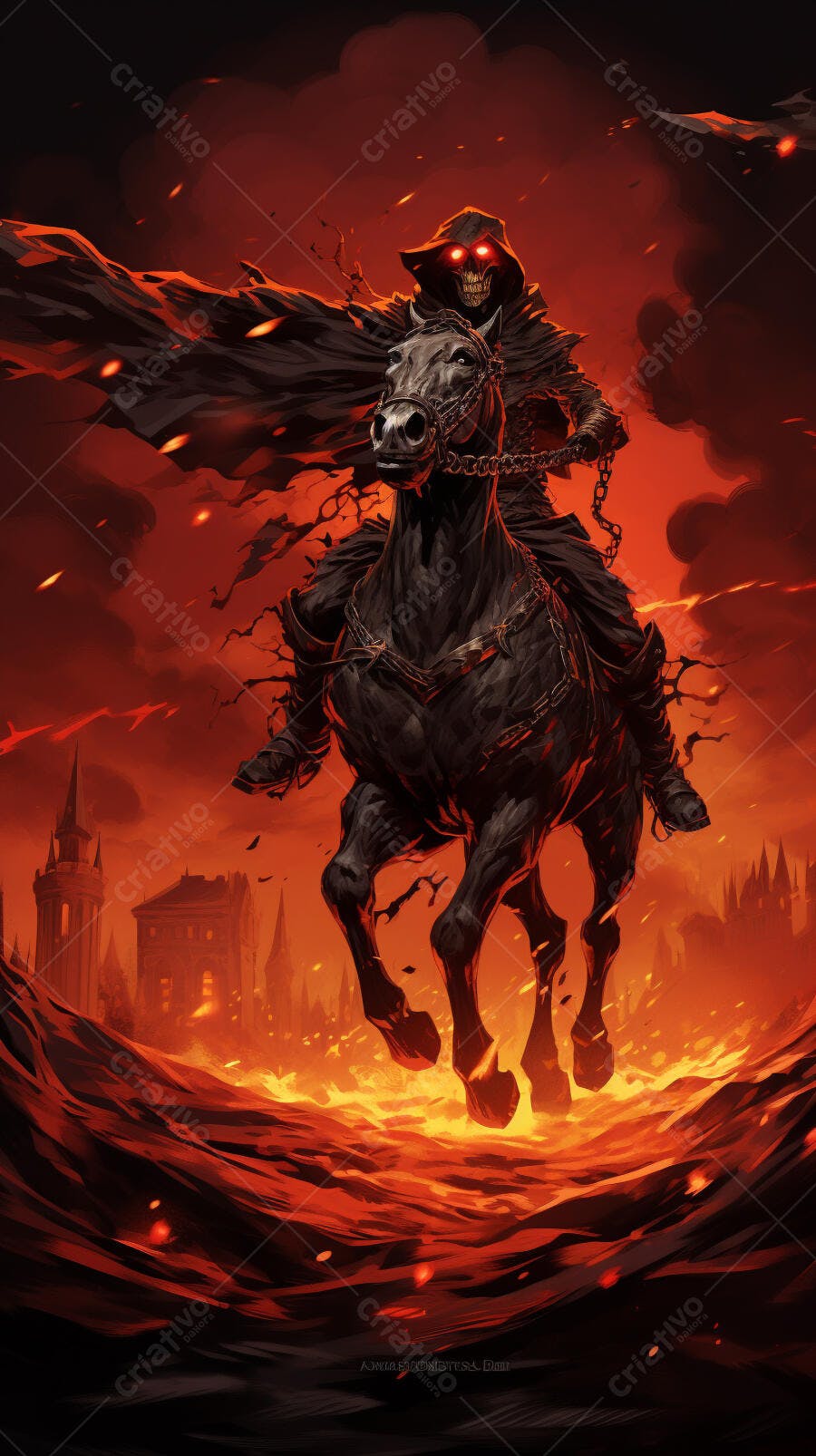 Cavaleiro Negro a Cavalo em Fogo Infernal