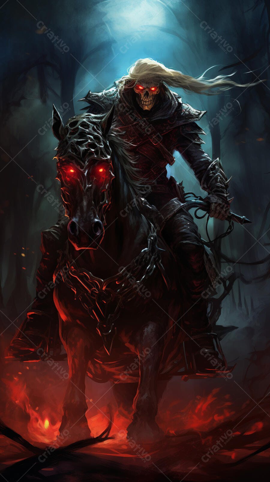 Cavaleiro Esqueleto Negro a Cavalo Infernal
