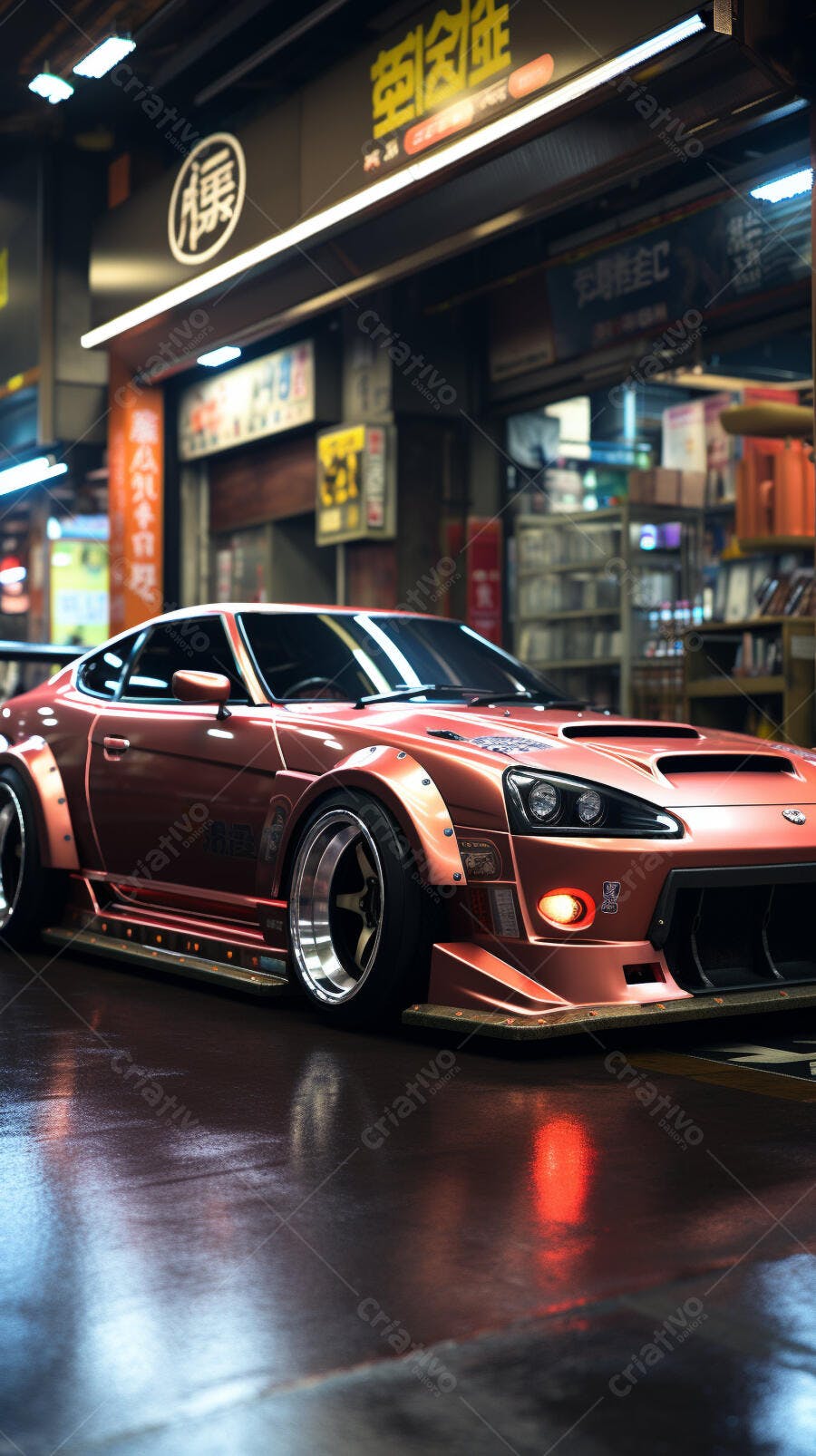 Carro esportivo rosa em rua noturna japonesa