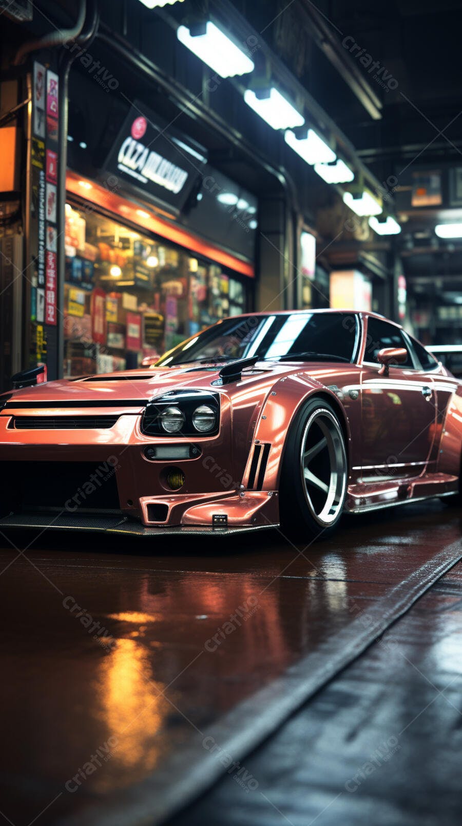 Carro customizado cor cobre em rua noturna