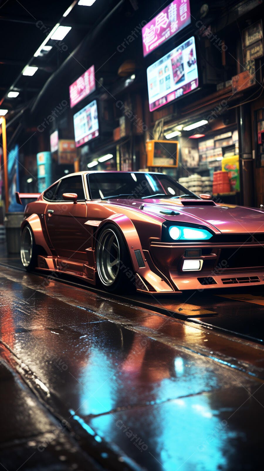 Carro customizado rosa em rua noturna